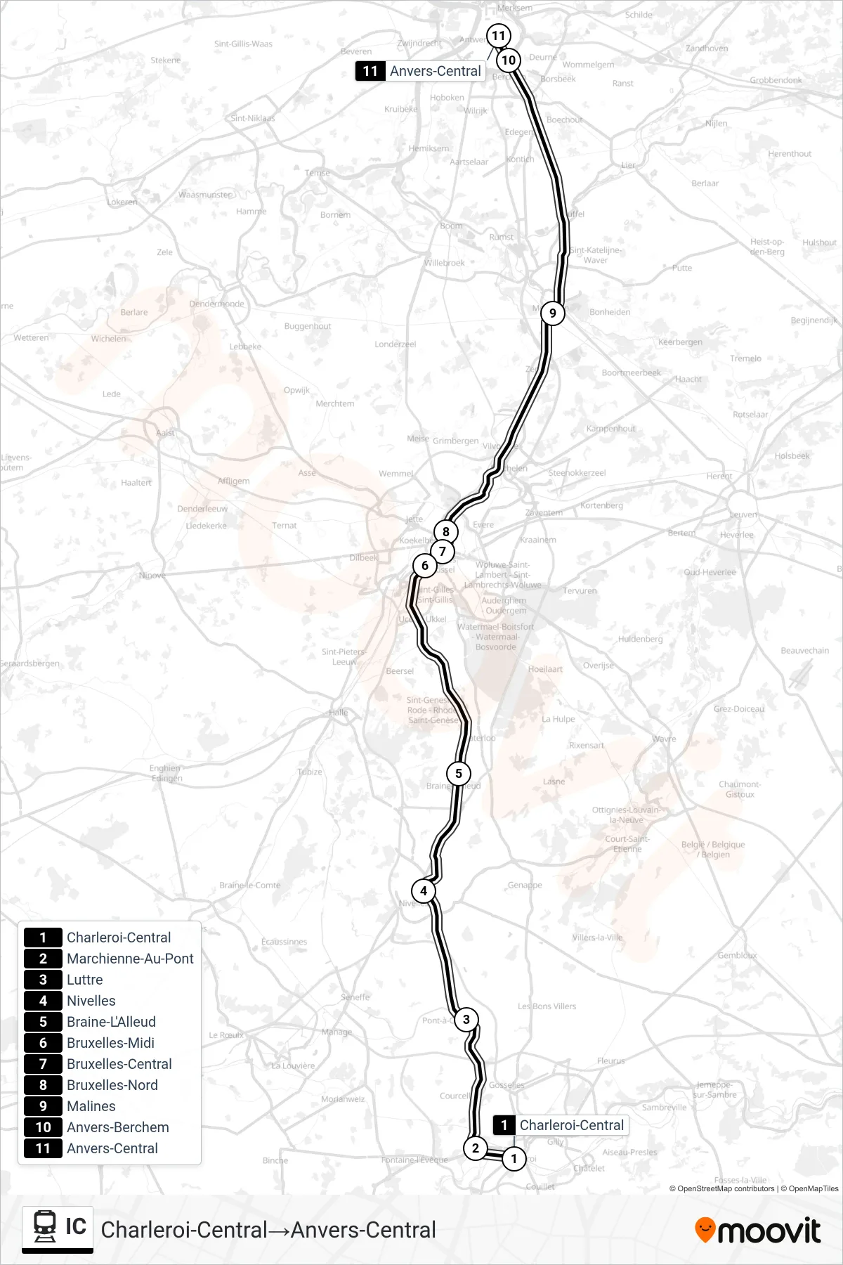 IC rail Line (Charleroi Central‎→Antwerp Central) route and stops on a map