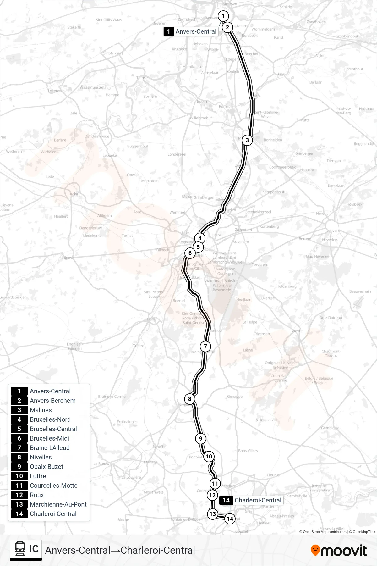 IC train Line (Antwerp Central‎→Charleroi Central) route and stops on a map