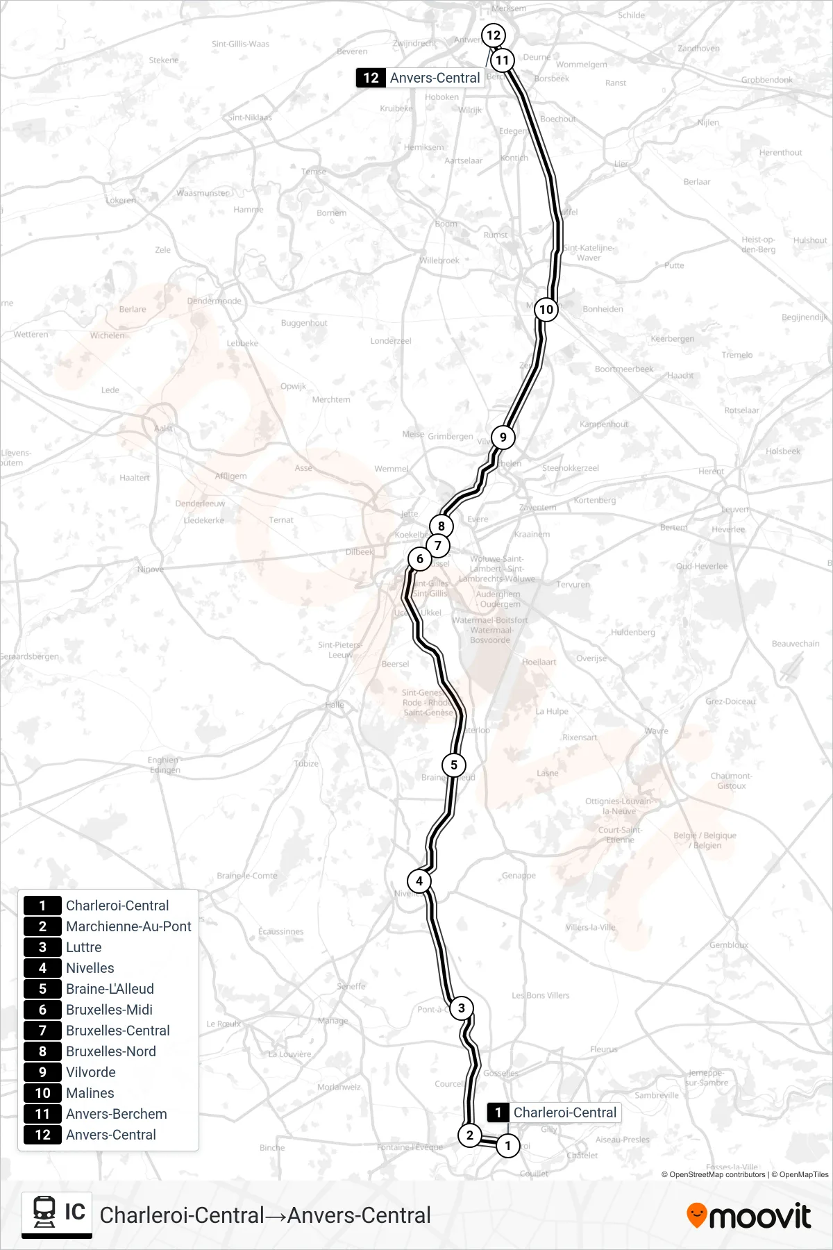 Lijn IC (trein, Charleroi-Central→Anvers-Central): route en haltes op de kaart