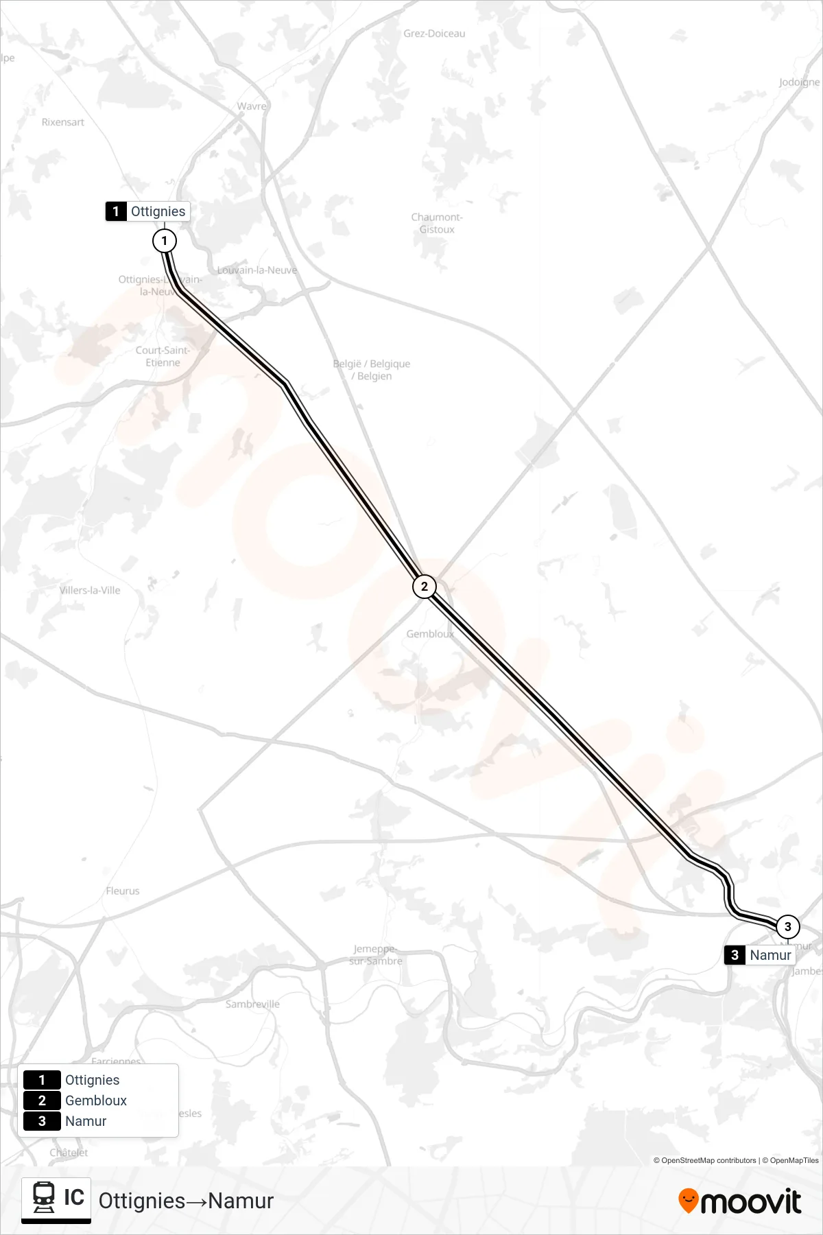 Lijn IC (trein, Ottignies‎→Namur): route en haltes op de kaart