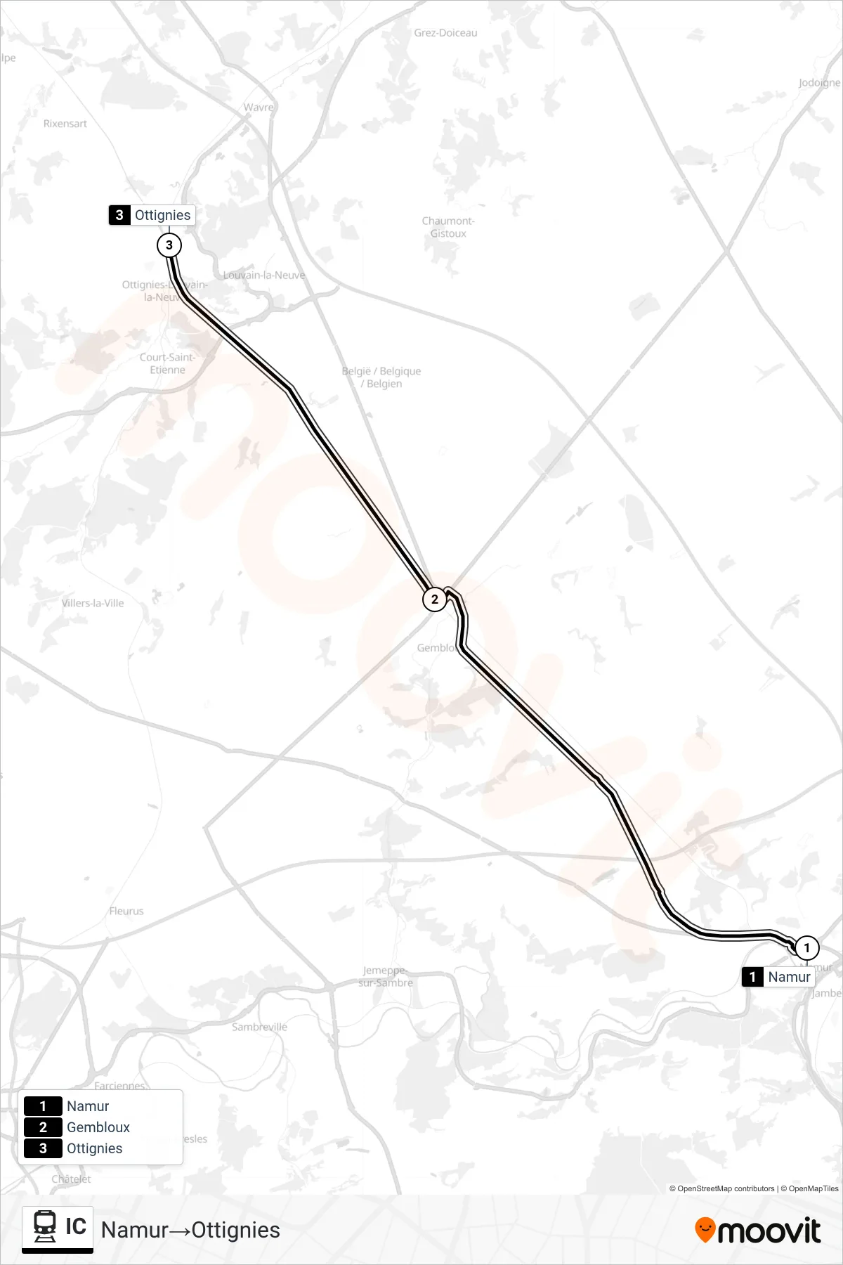 Lijn IC (trein, Namur‎→Ottignies): route en haltes op de kaart