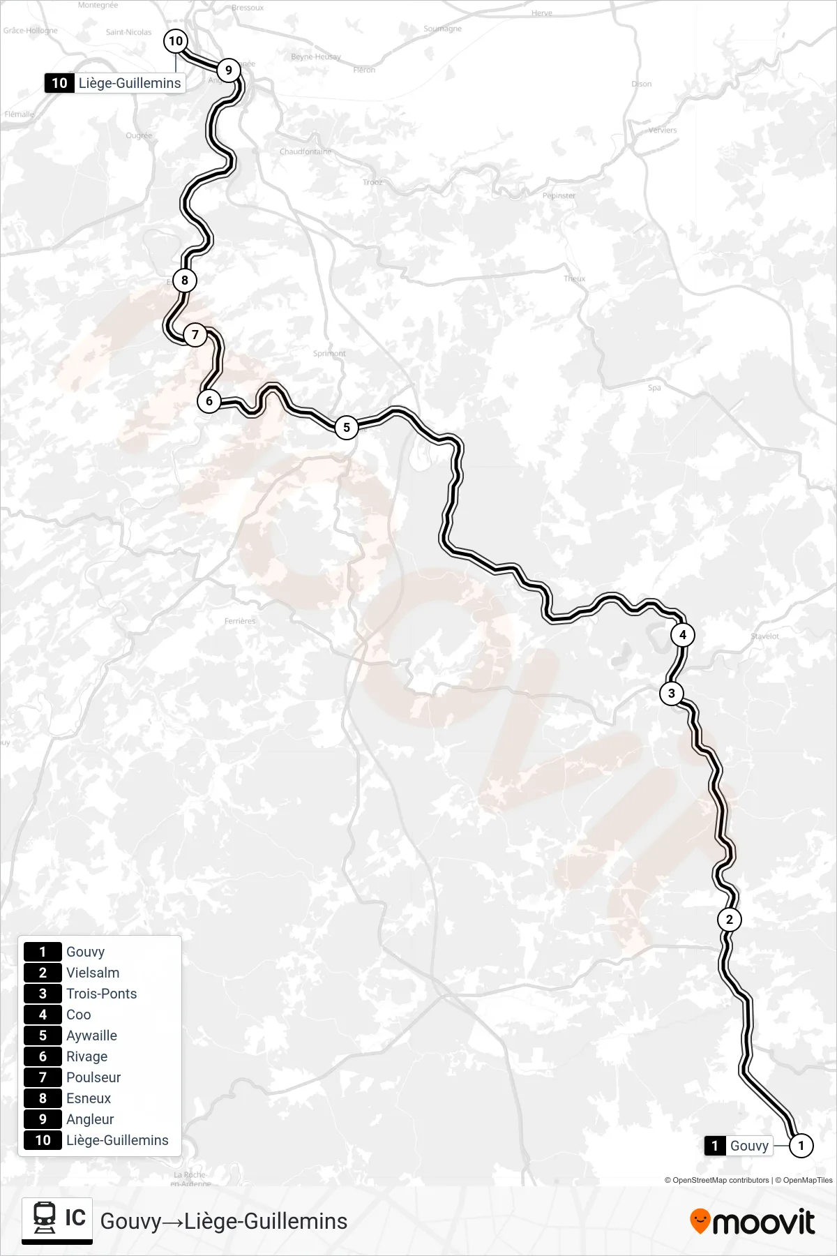 Lijn IC (trein, Gouvy→Liège-Guillemins): route en haltes op de kaart