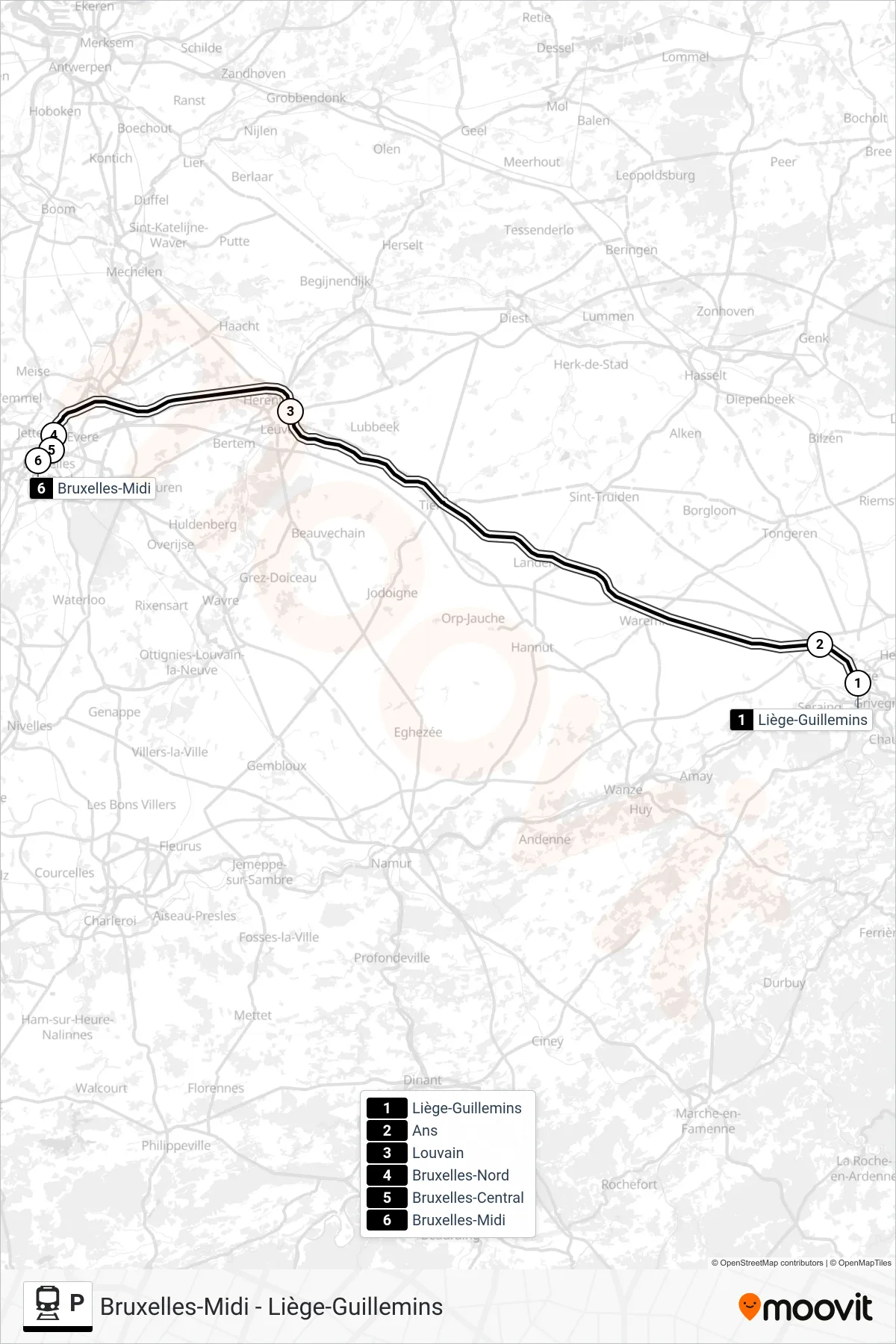 Lijn P (trein, Liège-Guillemins‎→Bruxelles-Midi): route en haltes op de kaart