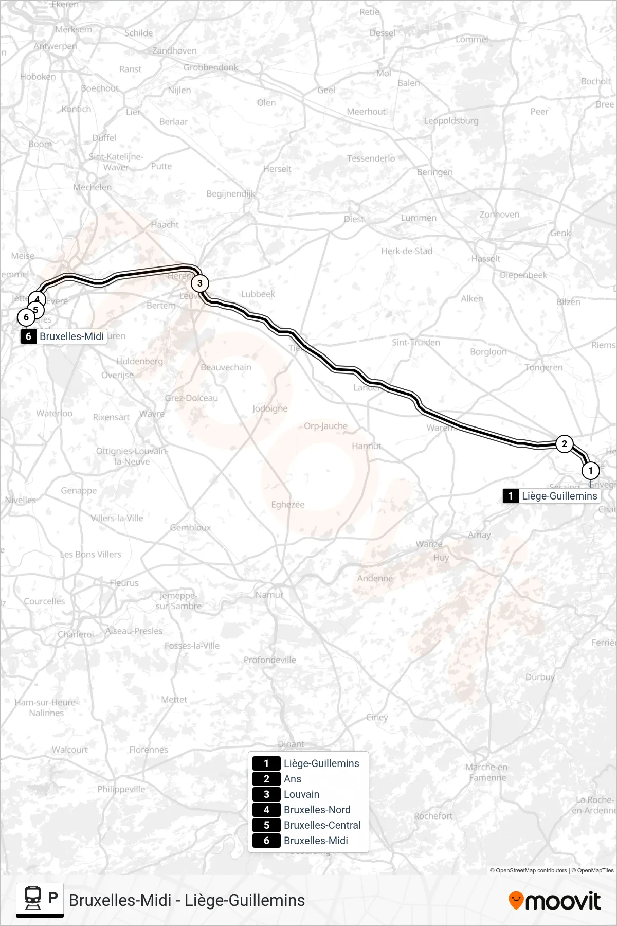 P train Line (Liège-Guillemins→Brussels South) route and stops on a map