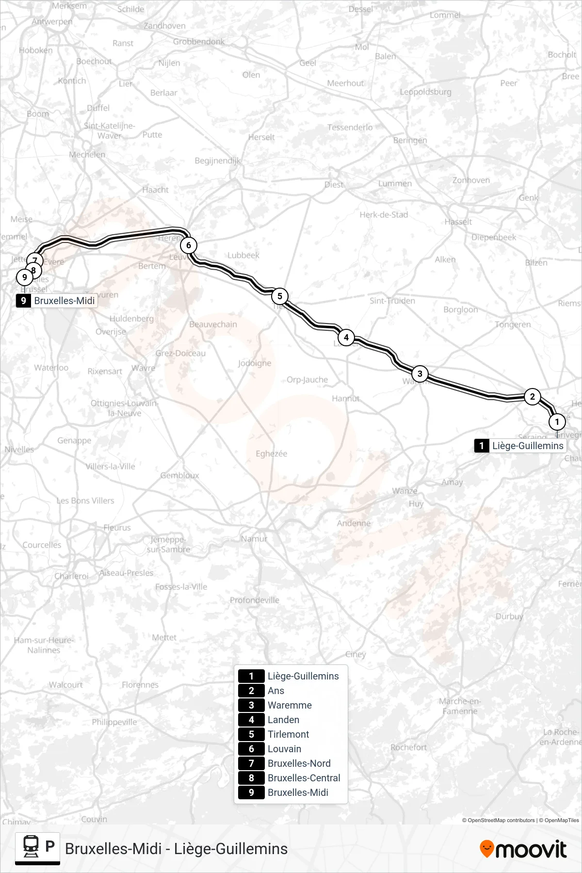 Lijn P (trein, Liège-Guillemins‎→Bruxelles-Midi): route en haltes op de kaart