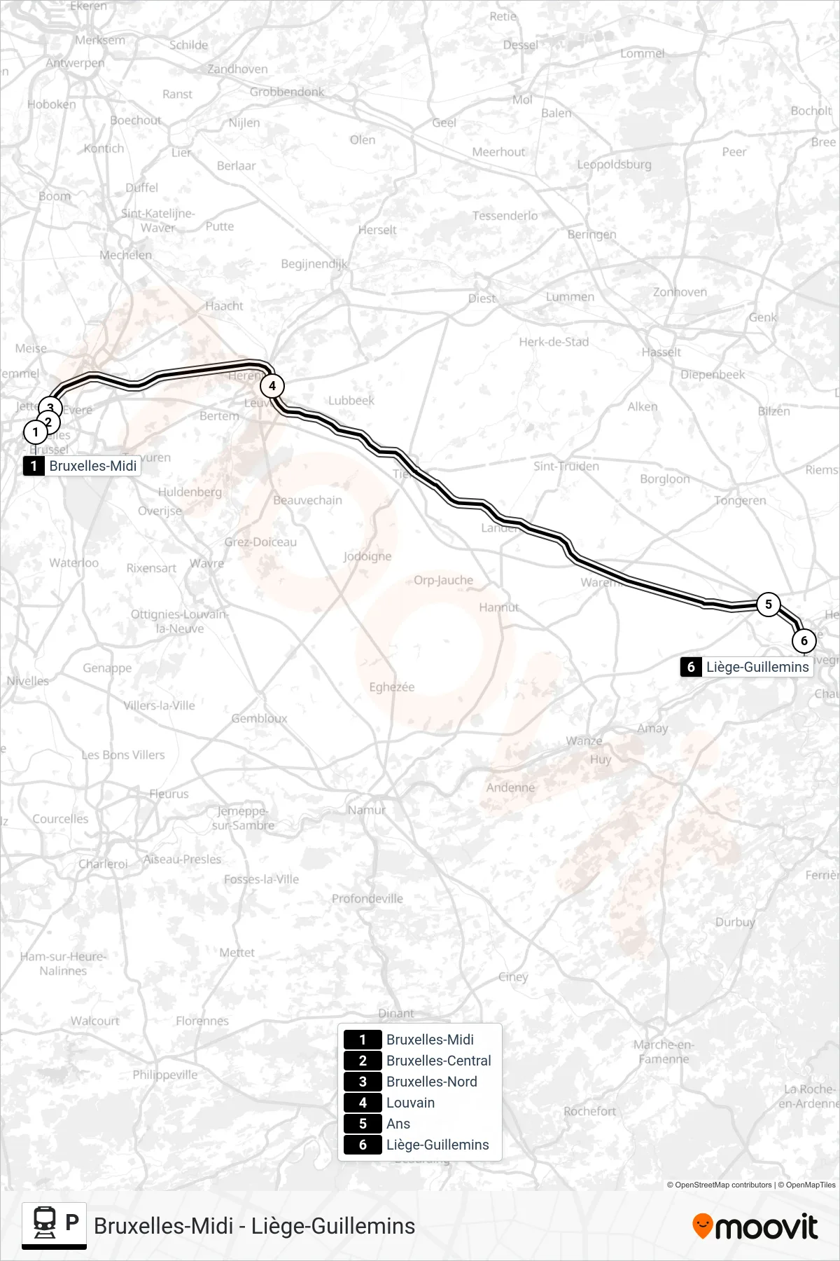 Lijn P (trein, Bruxelles-Midi‎→Liège-Guillemins): route en haltes op de kaart