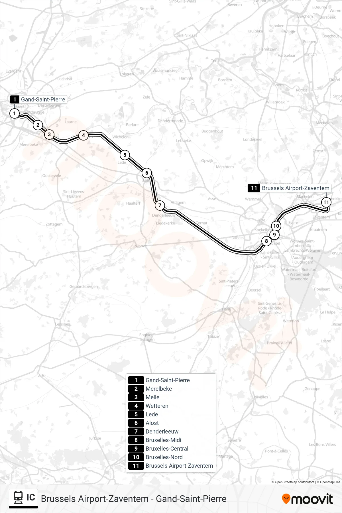 Lijn IC (trein, Gand-Saint-Pierre→Brussels Airport-Zaventem): route en haltes op de kaart