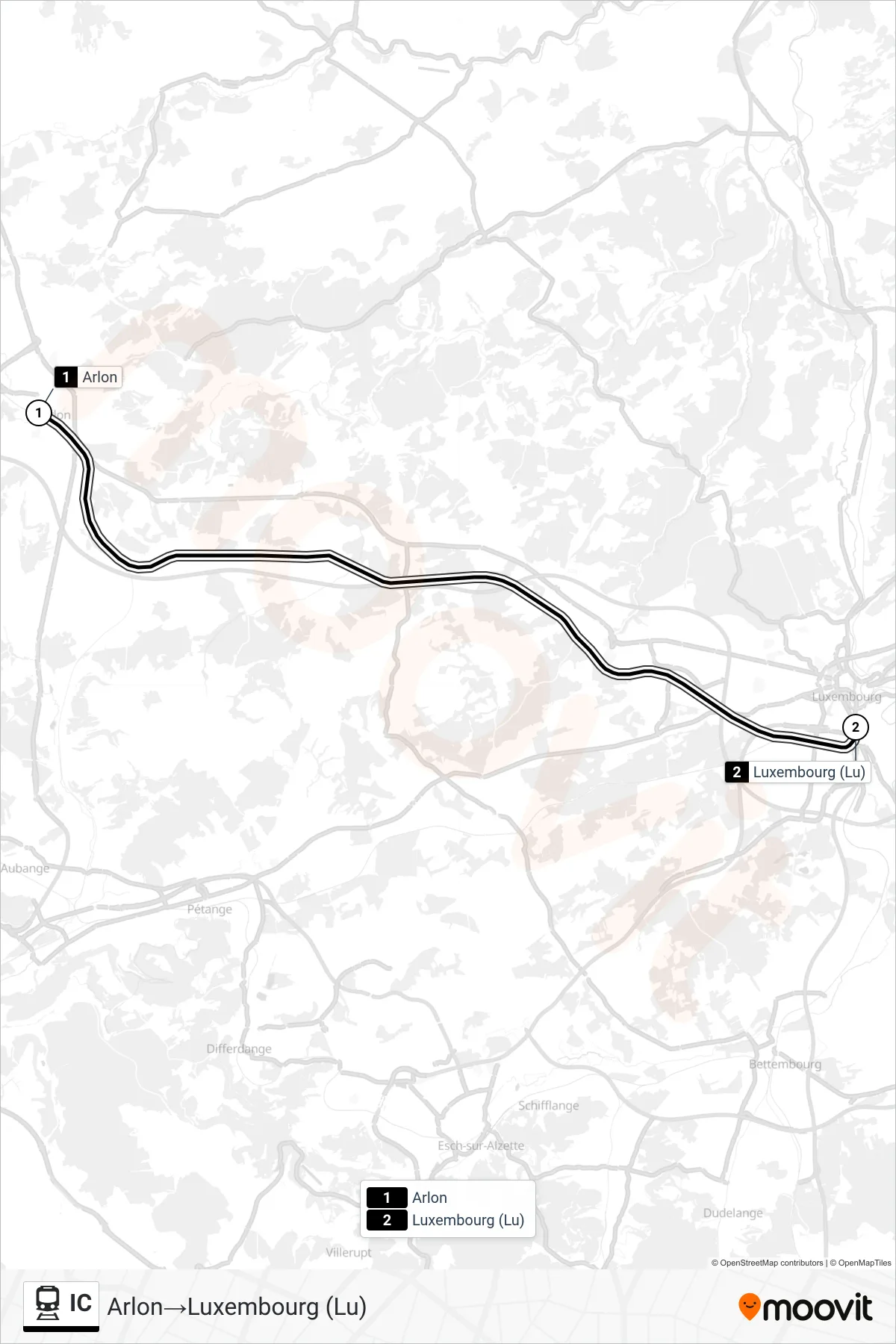 IC train Line (Arlon‎→Luxembourg) route and stops on a map
