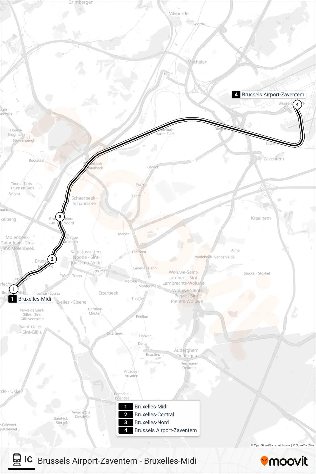 Lijn IC (trein, Bruxelles-Midi‎→Brussels Airport-Zaventem): route en haltes op de kaart