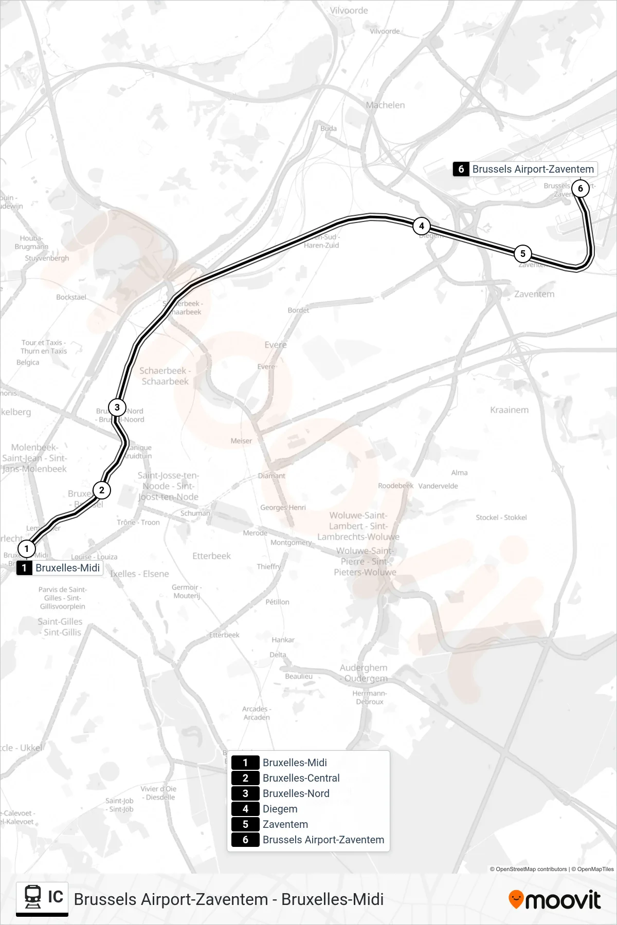 IC train Line (Brussels South‎→Brussels Airport-Zaventem) route and stops on a map