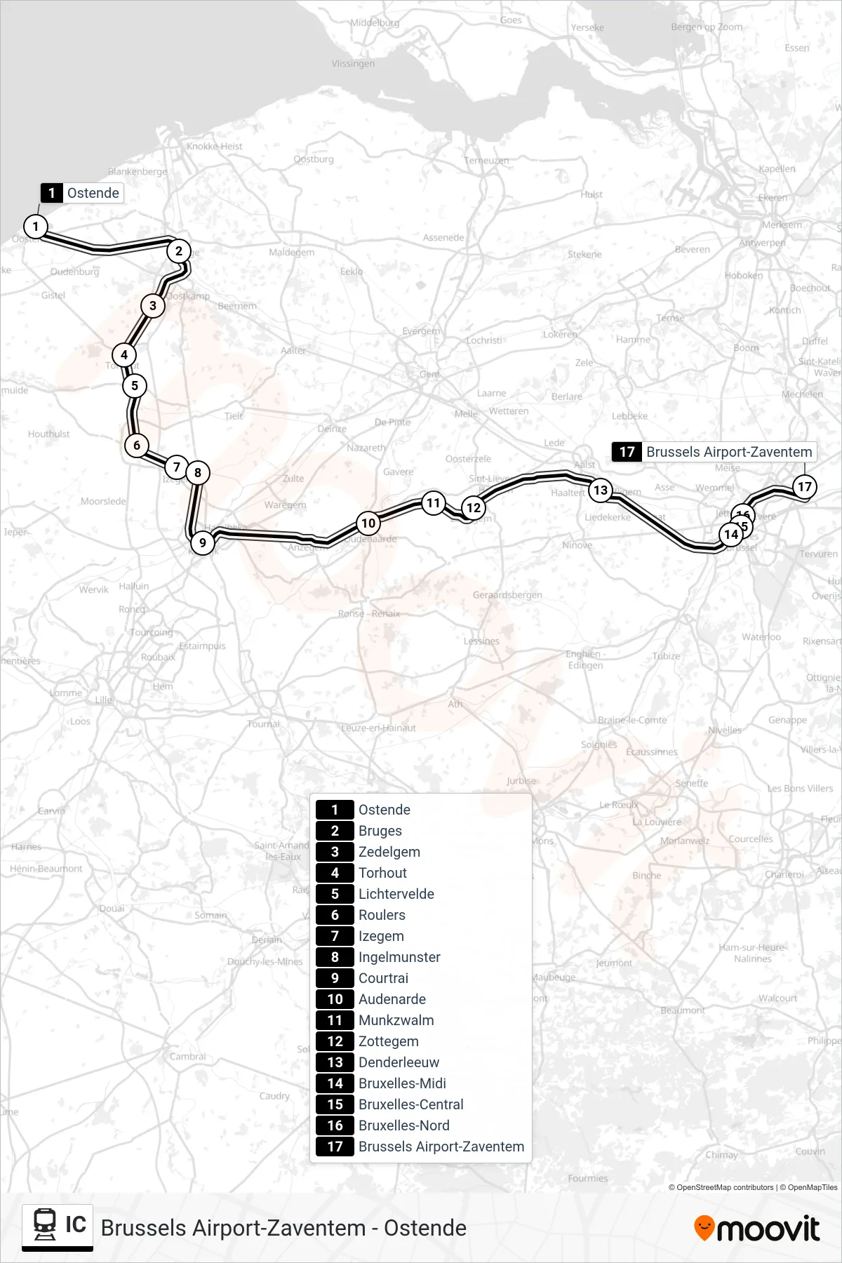 IC train Line (Ostend‎→Brussels Airport-Zaventem) route and stops on a map