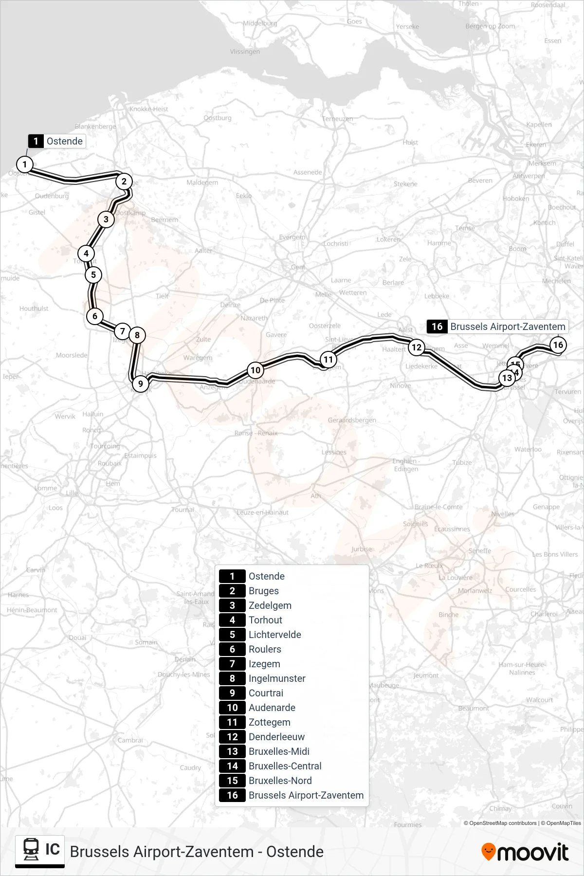 IC rail Line (Ostend→Brussels Airport-Zaventem) route and stops on a map