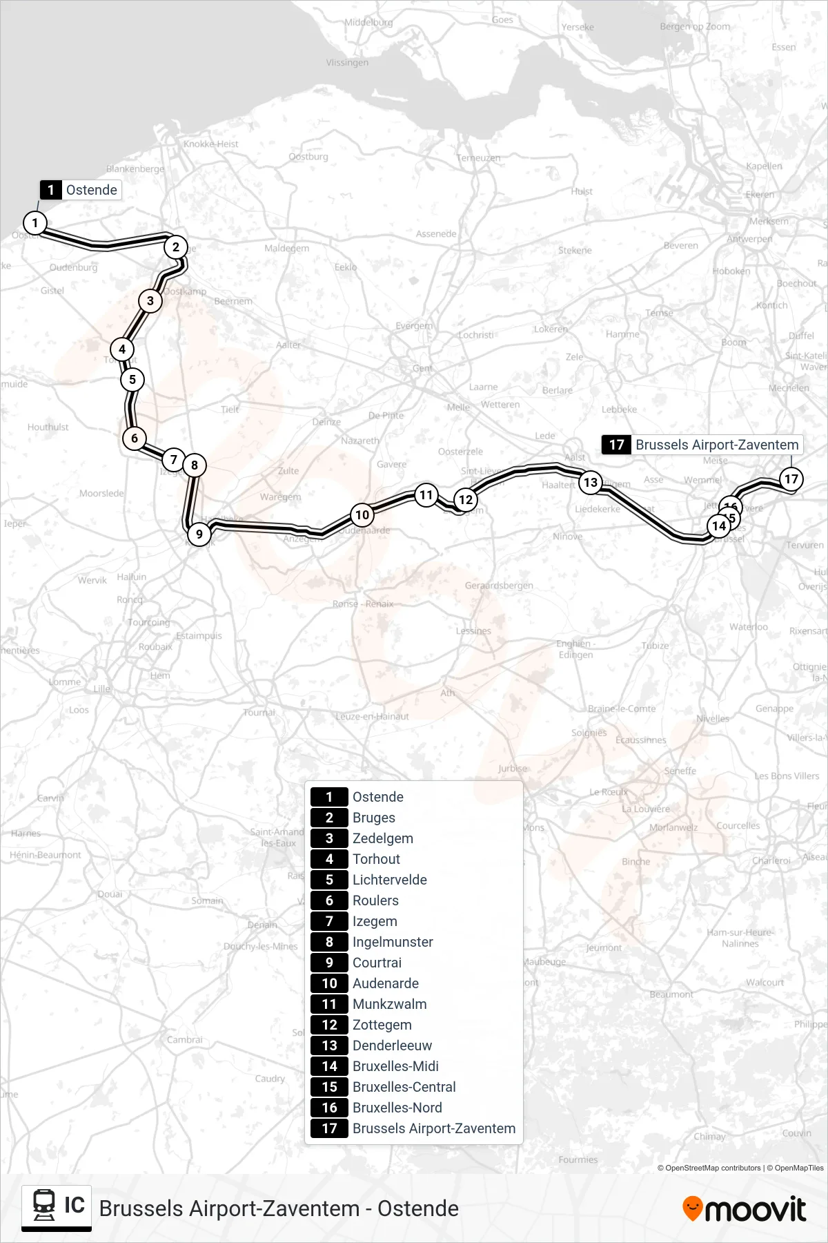 Lijn IC (trein, Ostende→Brussels Airport-Zaventem): route en haltes op de kaart
