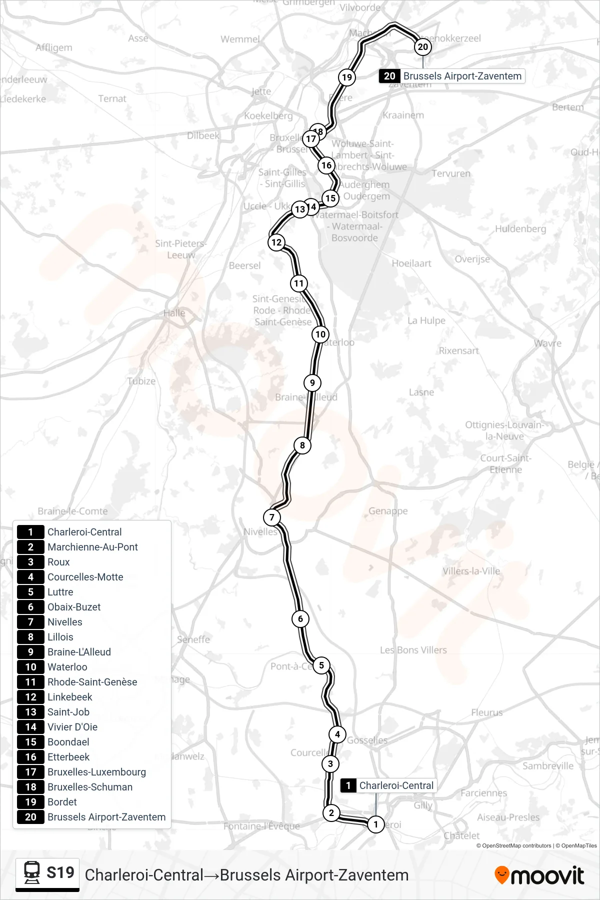S19 rail Line (Charleroi Central‎→Brussels Airport-Zaventem) route and stops on a map