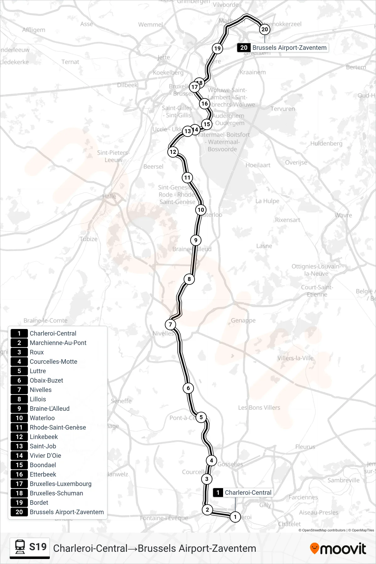 Lijn S19 (trein, Charleroi-Central→Brussels Airport-Zaventem): route en haltes op de kaart