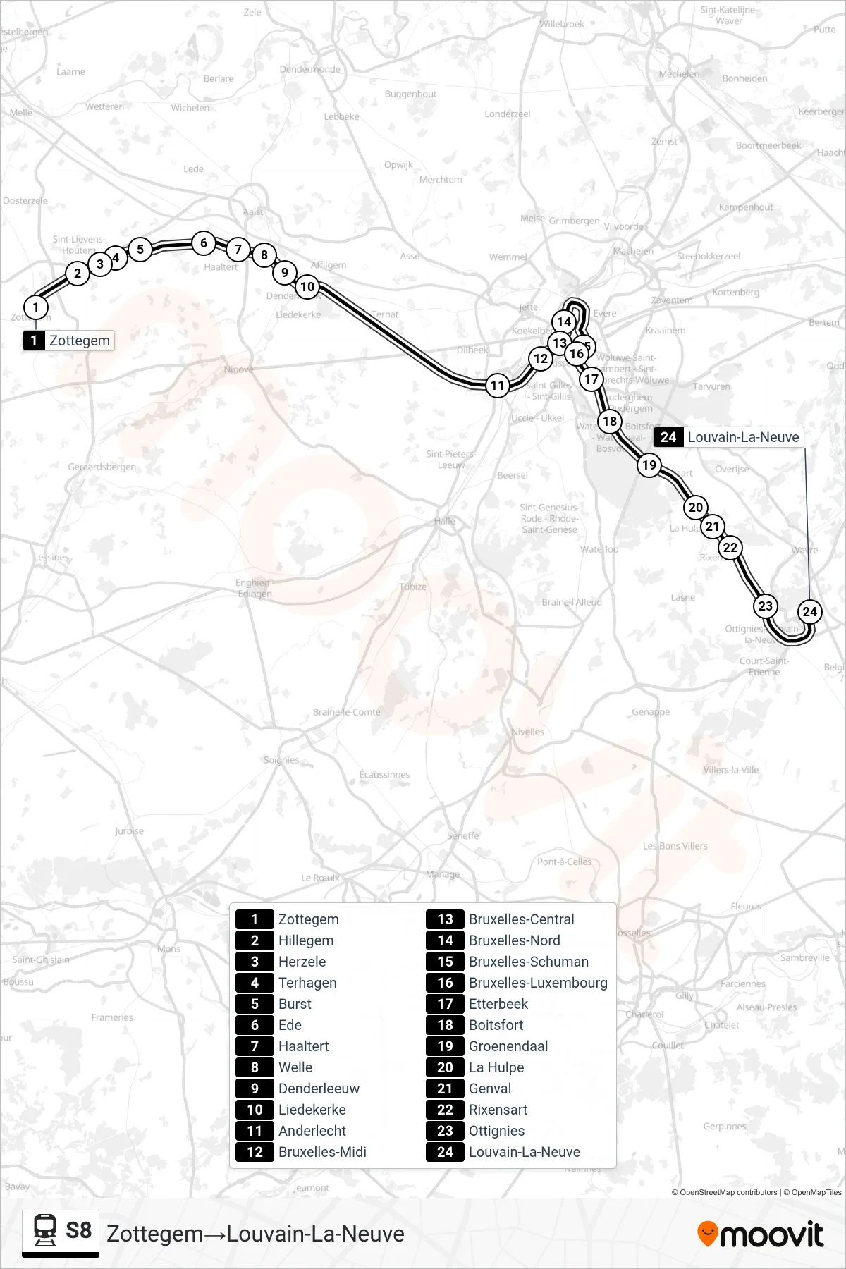 S8 train Line (Zottegem→Louvain-La-Neuve) route and stops on a map