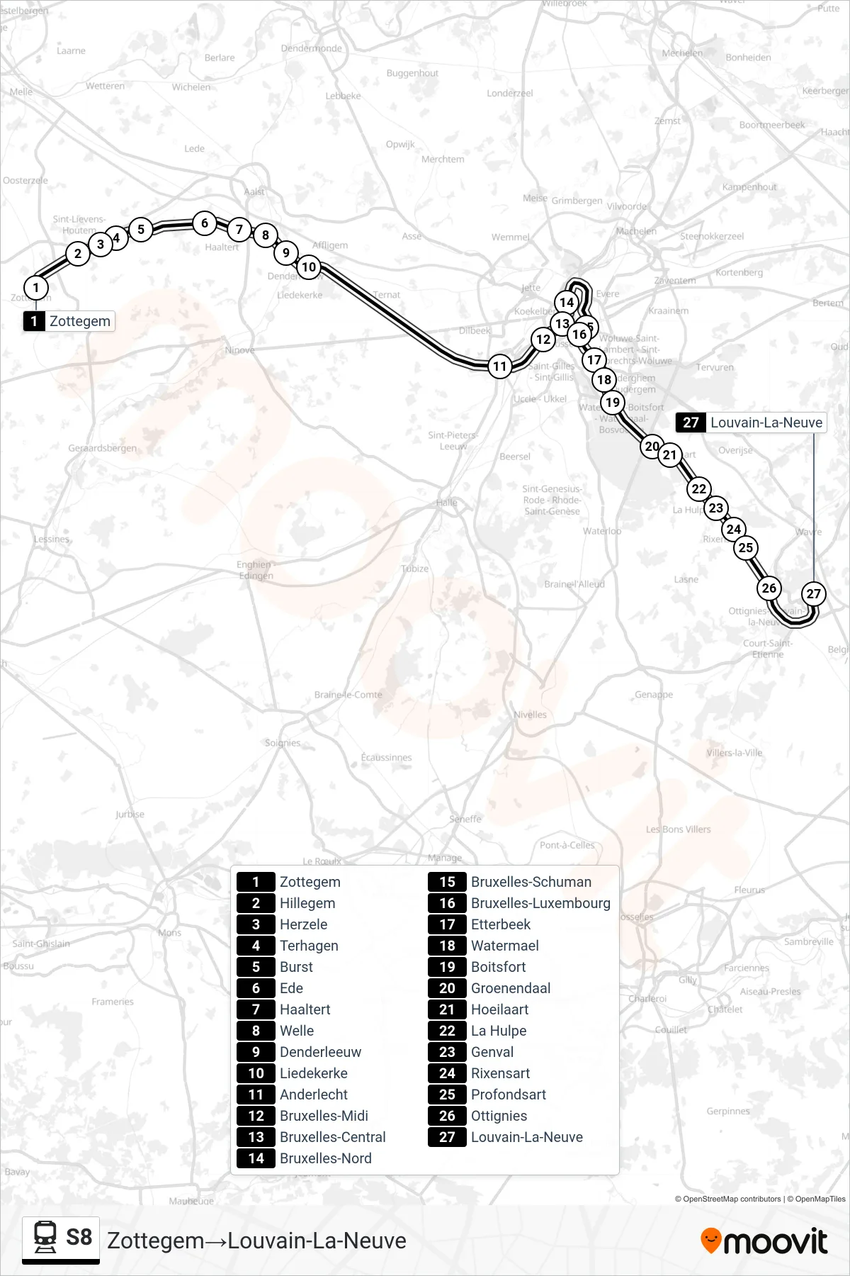 S8 rail Line (Zottegem→Louvain-La-Neuve) route and stops on a map