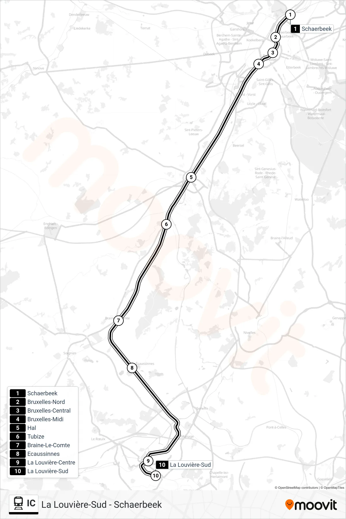 IC train Line (Schaerbeek‎→La Louvière-South) route and stops on a map