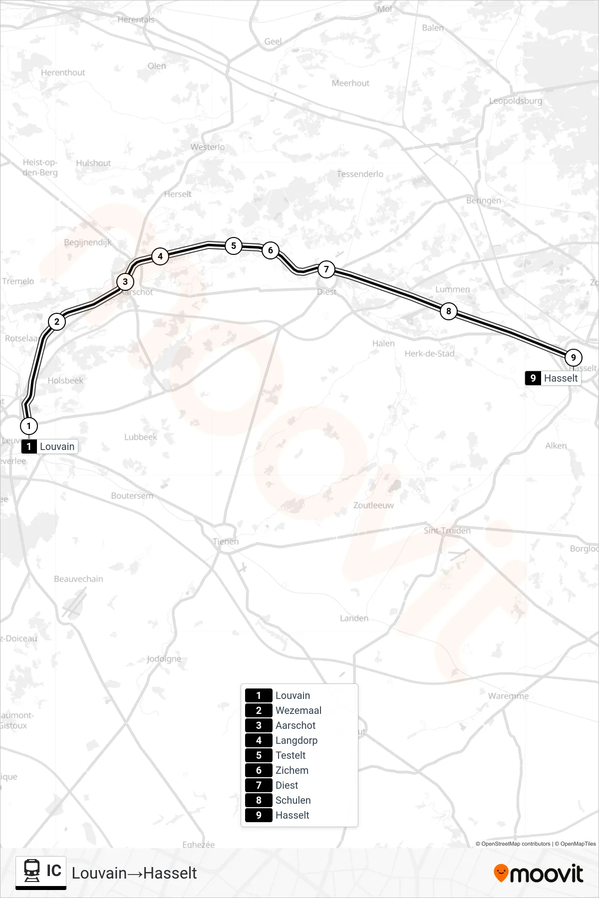 IC rail Line (Leuven‎→Hasselt) route and stops on a map