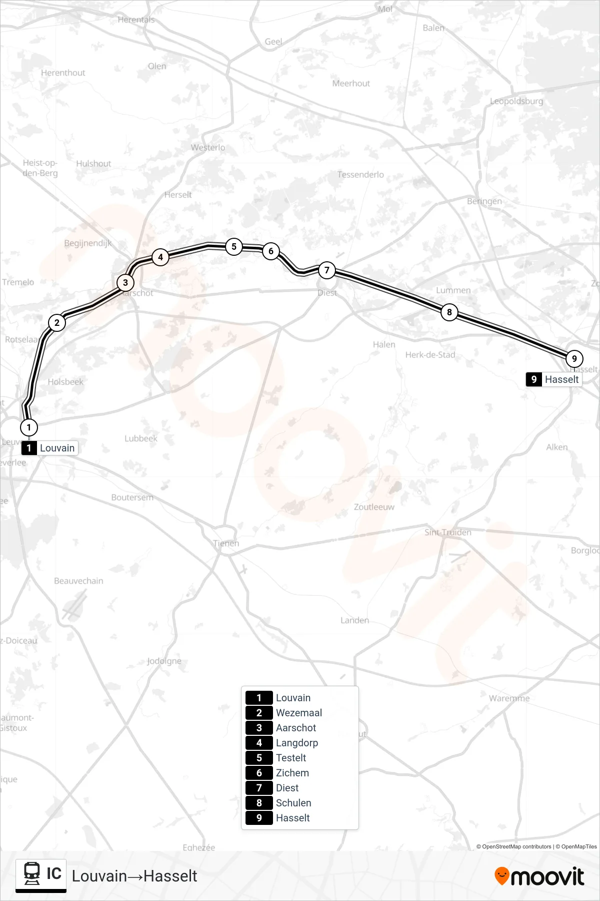Lijn IC (trein, Louvain‎→Hasselt): route en haltes op de kaart