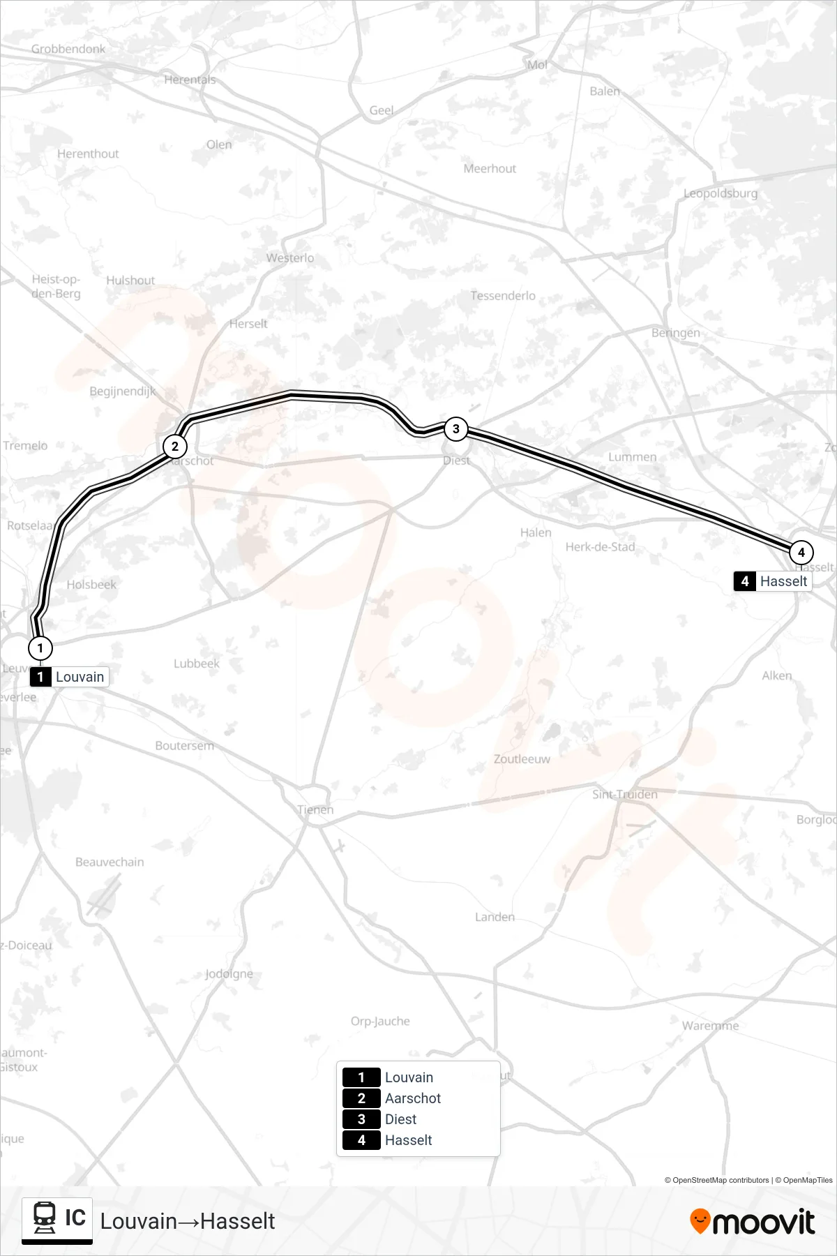 IC train Line (Leuven→Hasselt) route and stops on a map