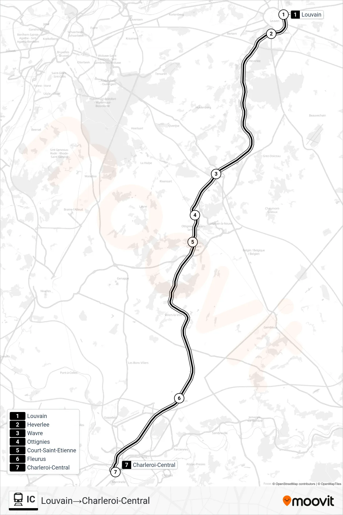 Lijn IC (trein, Louvain→Charleroi-Central): route en haltes op de kaart