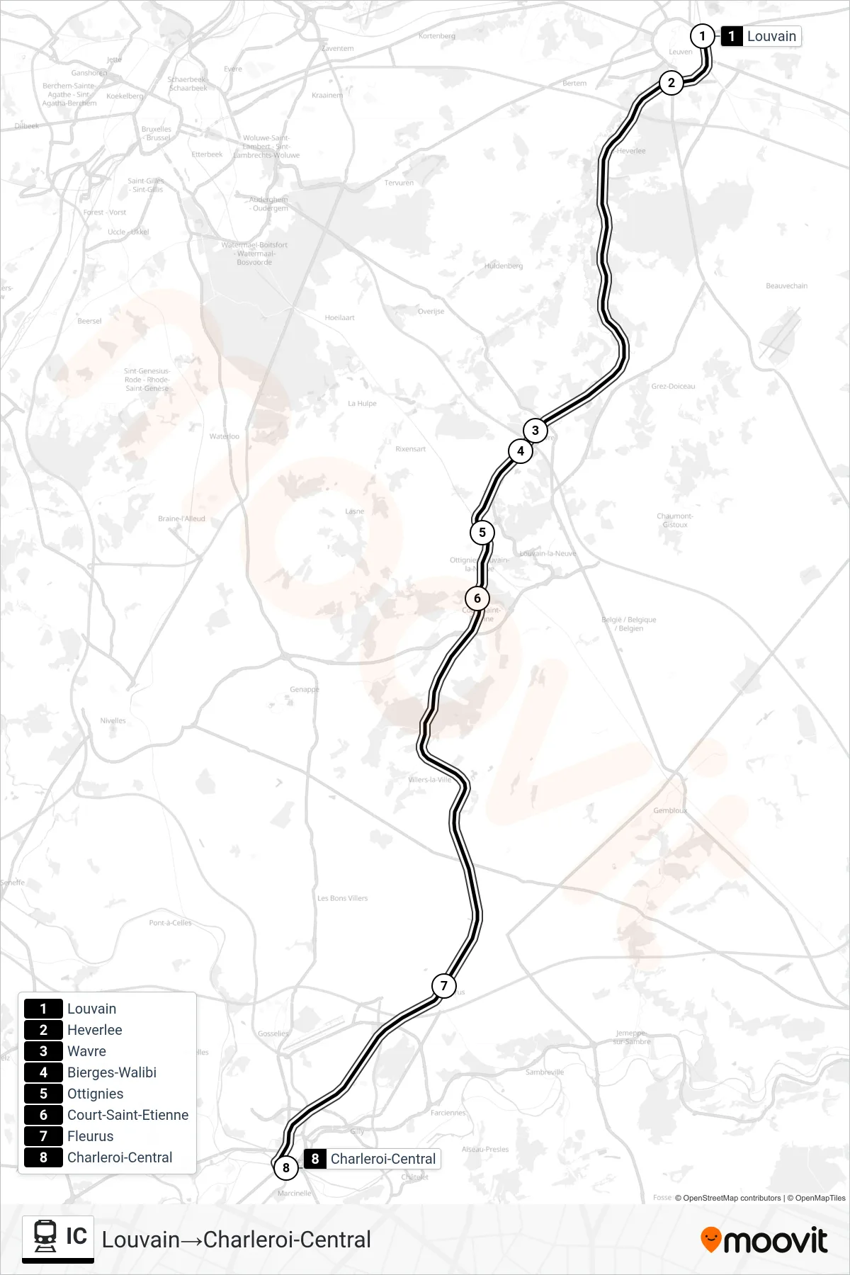 Lijn IC (trein, Louvain‎→Charleroi-Central): route en haltes op de kaart