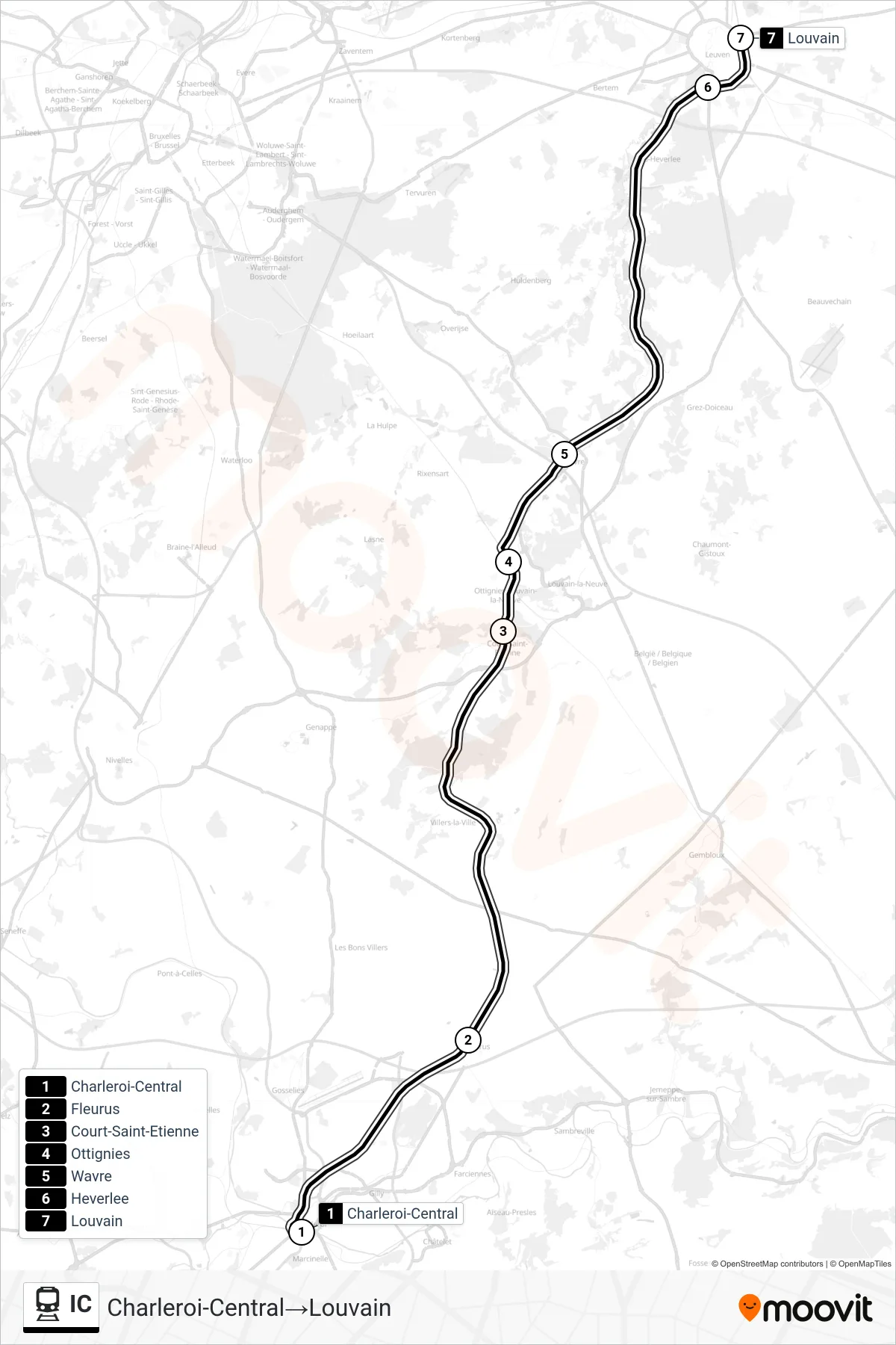 IC train Line (Charleroi Central‎→Leuven) route and stops on a map