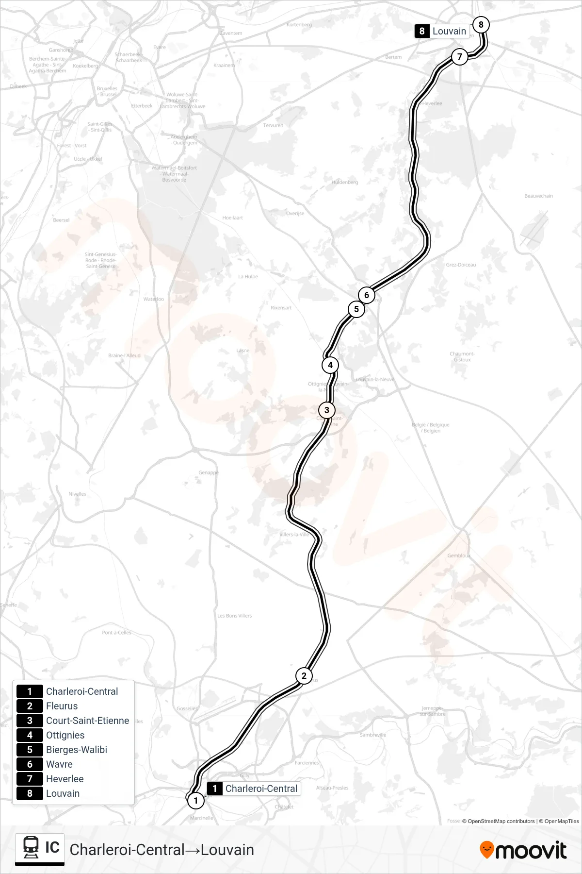 IC train Line (Charleroi Central‎→Leuven) route and stops on a map