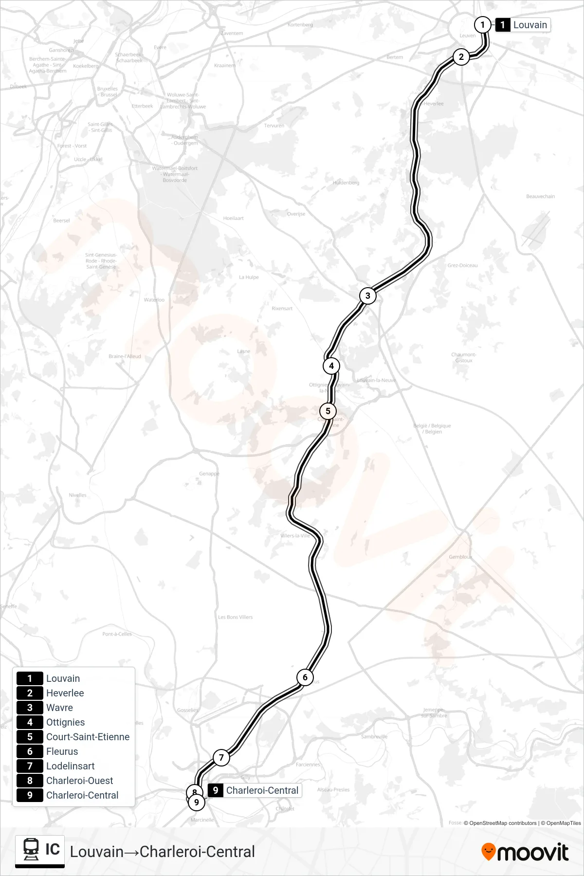 Lijn IC (trein, Louvain‎→Charleroi-Central): route en haltes op de kaart