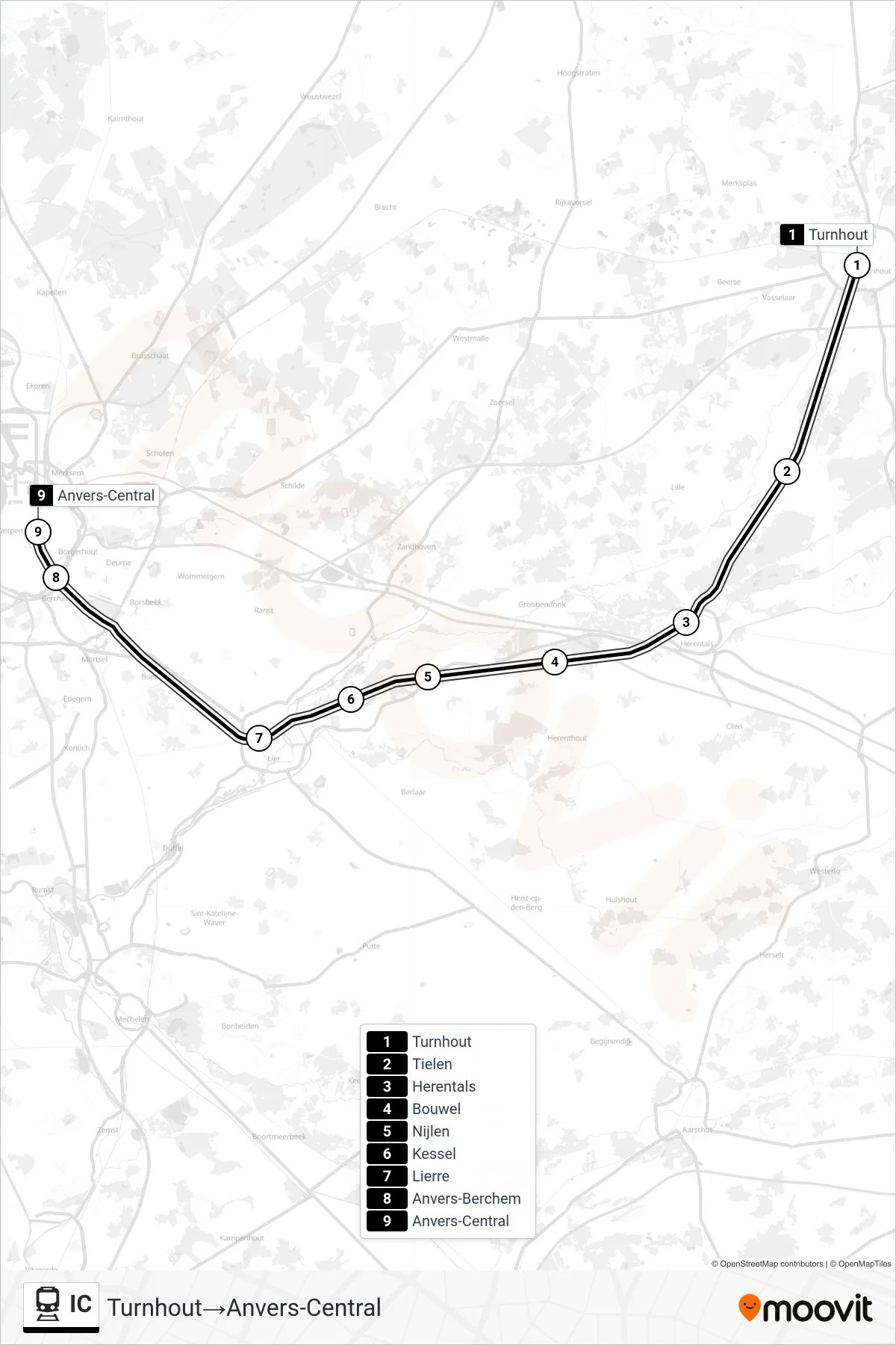 Lijn IC (trein, Turnhout‎→Anvers-Central): route en haltes op de kaart