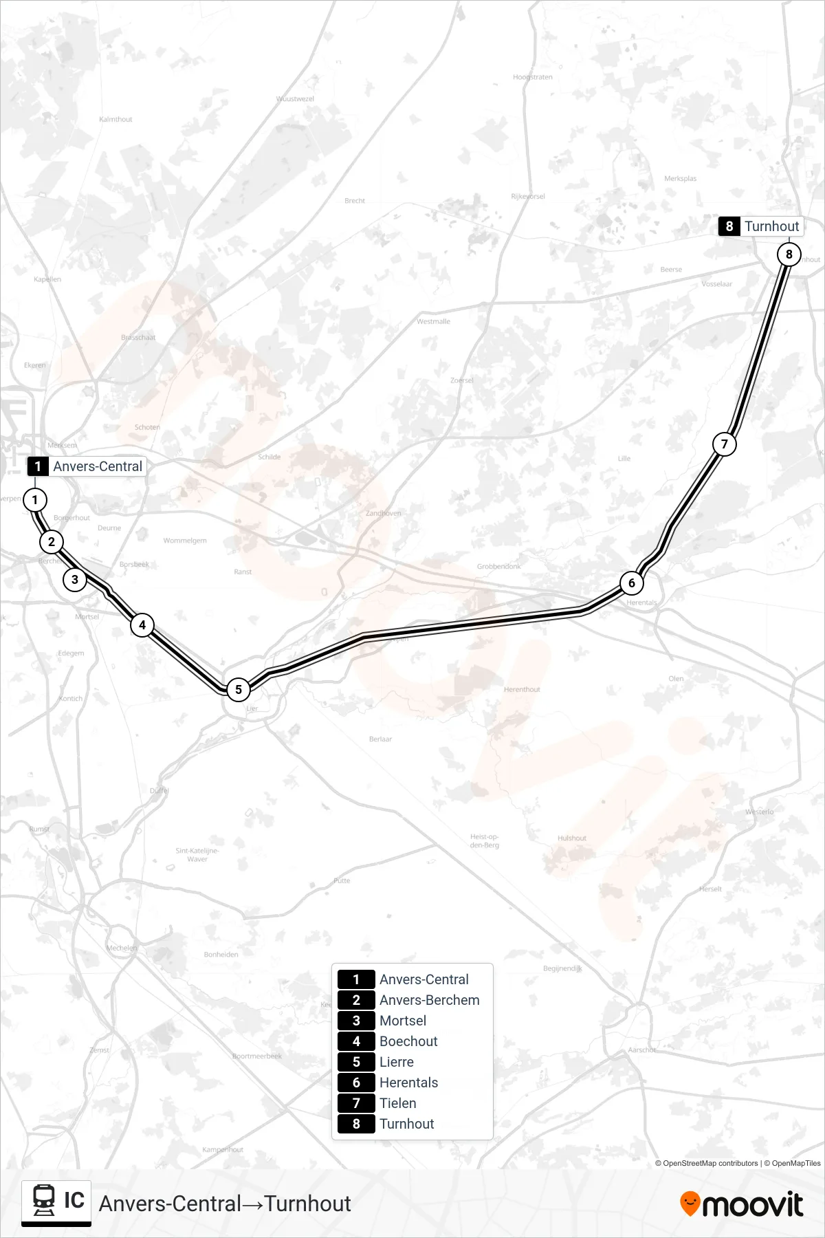 IC train Line (Antwerp Central→Turnhout) route and stops on a map
