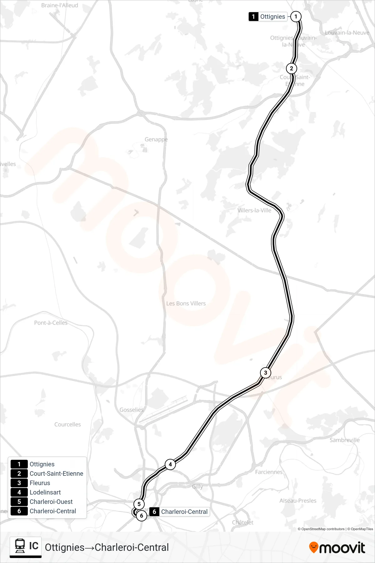Lijn IC (trein, Ottignies→Charleroi-Central): route en haltes op de kaart