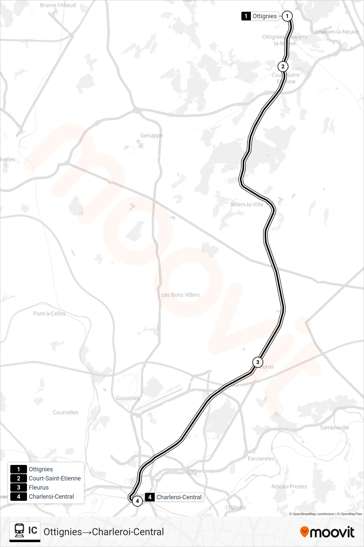 Lijn IC (trein, Ottignies‎→Charleroi-Central): route en haltes op de kaart