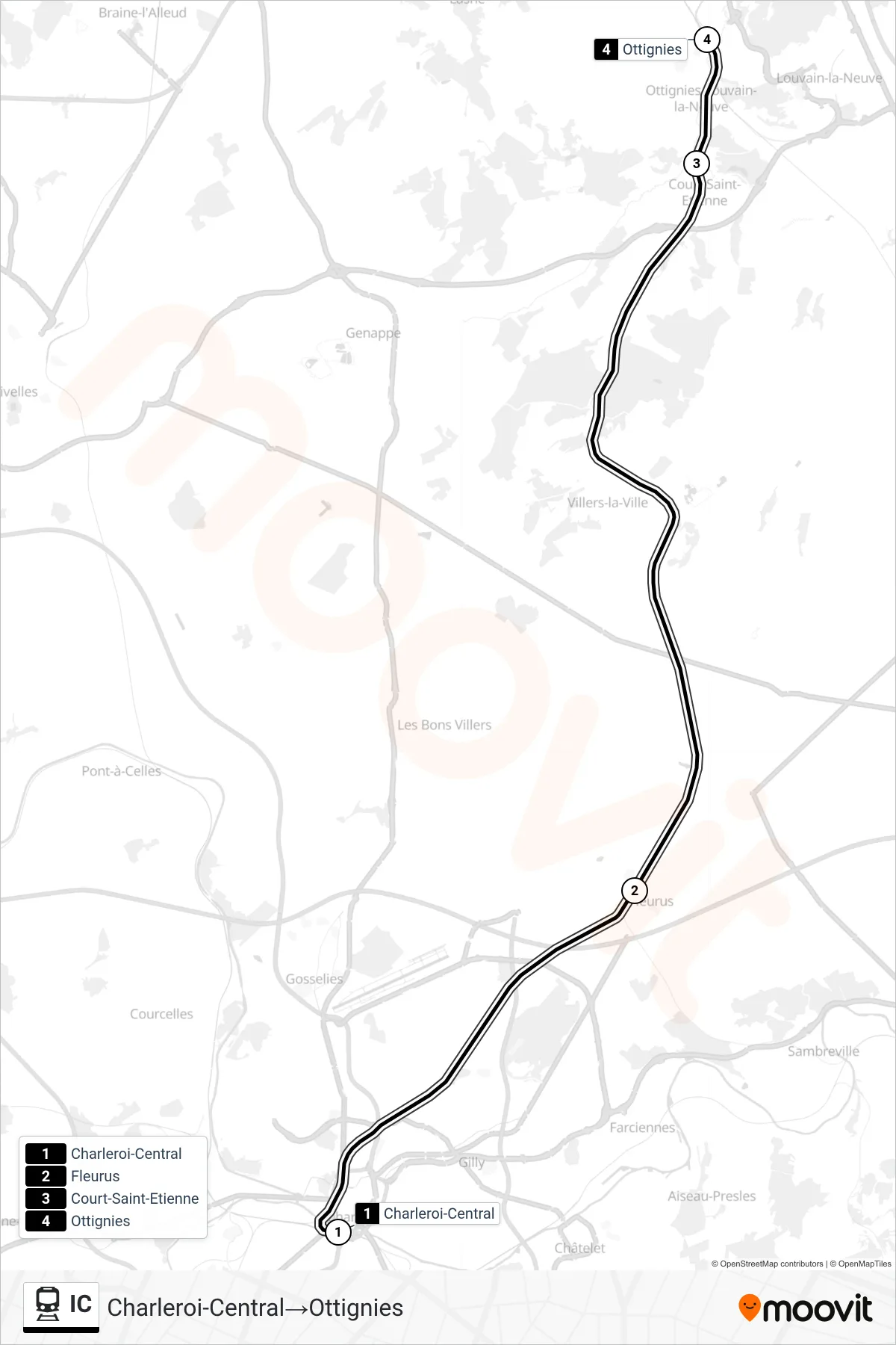 IC rail Line (Charleroi Central→Ottignies) route and stops on a map