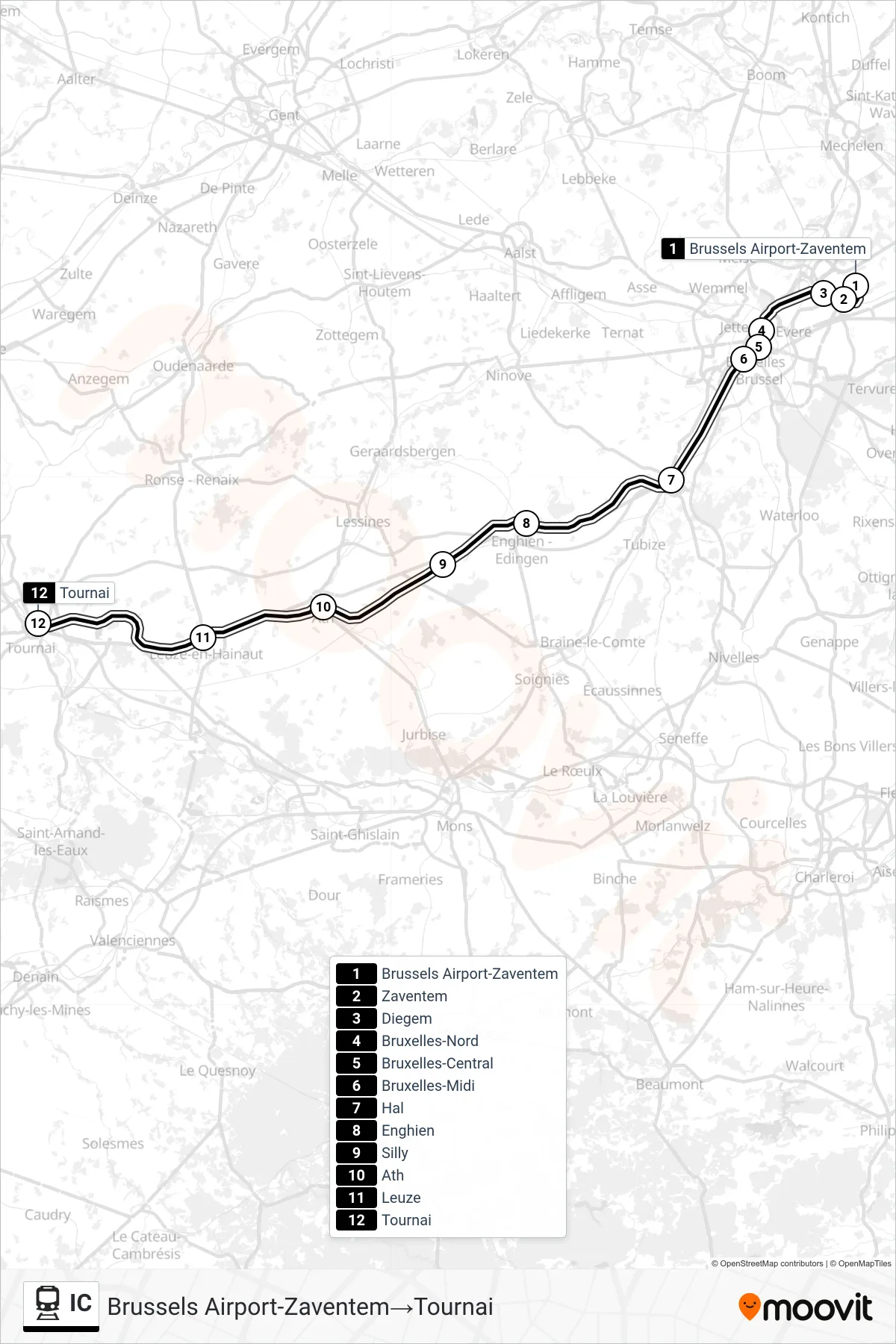 IC train Line (Brussels Airport-Zaventem→Tournai) route and stops on a map