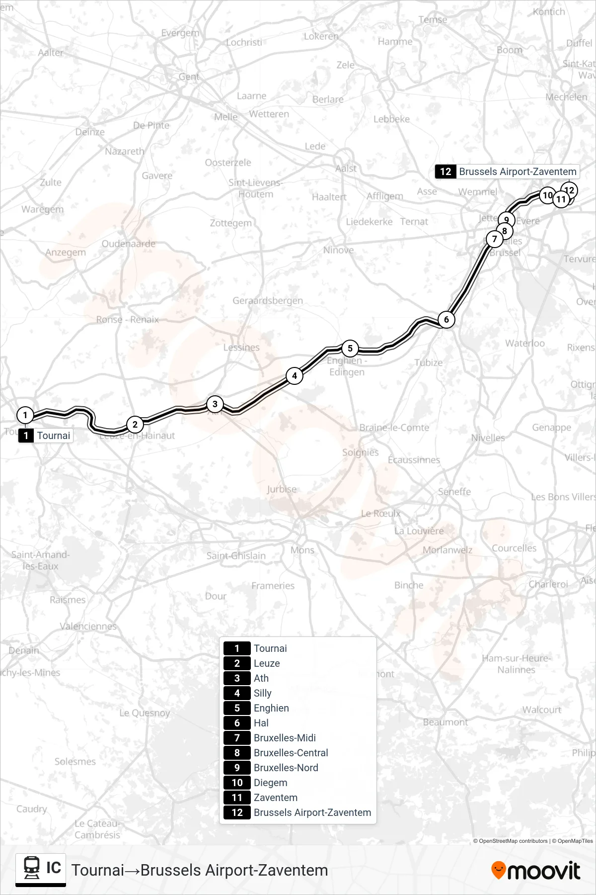 Lijn IC (trein, Tournai‎→Brussels Airport-Zaventem): route en haltes op de kaart