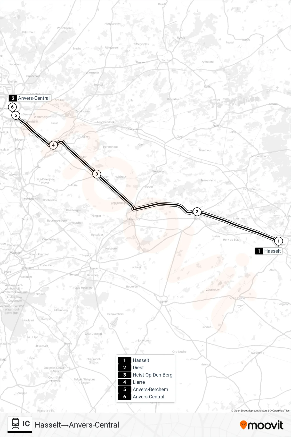 IC train Line (Hasselt→Antwerp Central) route and stops on a map