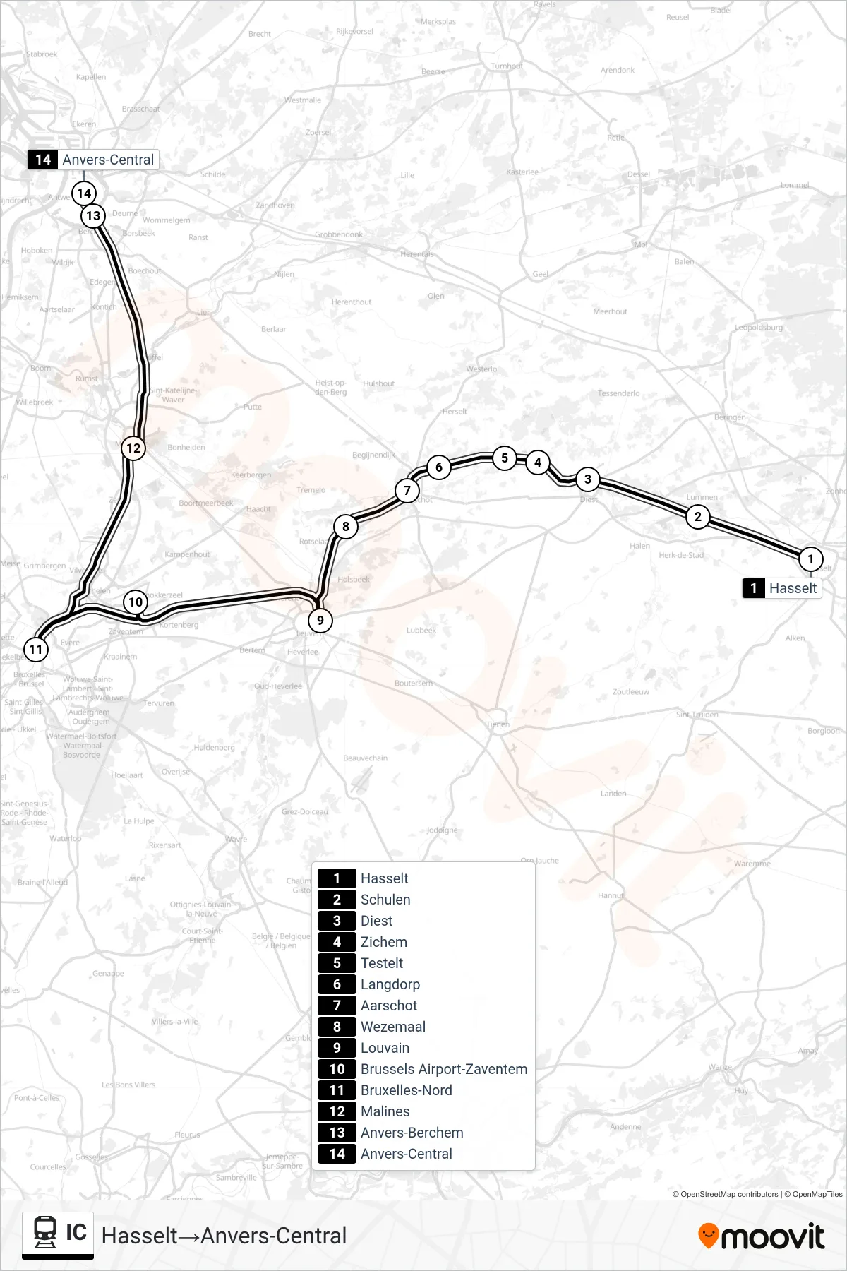 IC train Line (Hasselt→Antwerp Central) route and stops on a map