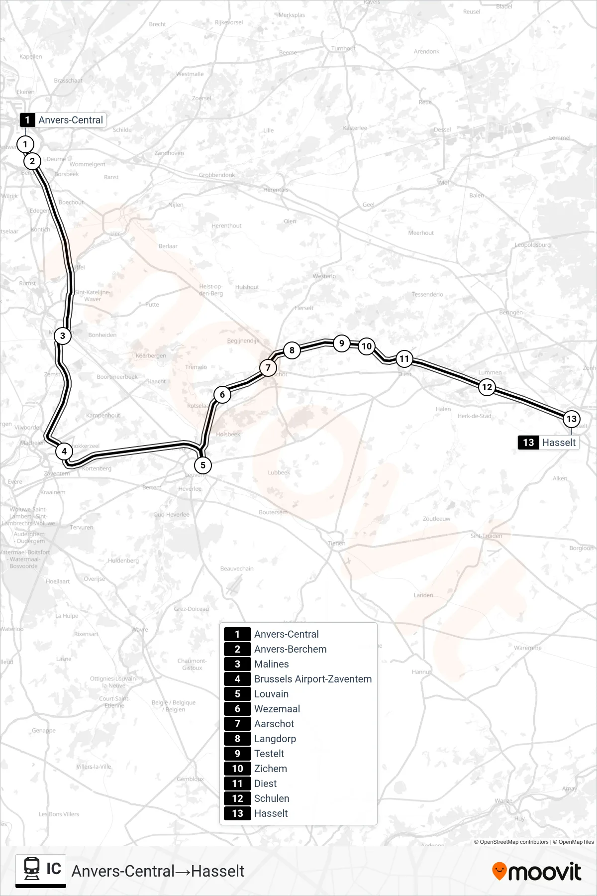 IC train Line (Antwerp Central‎→Hasselt) route and stops on a map