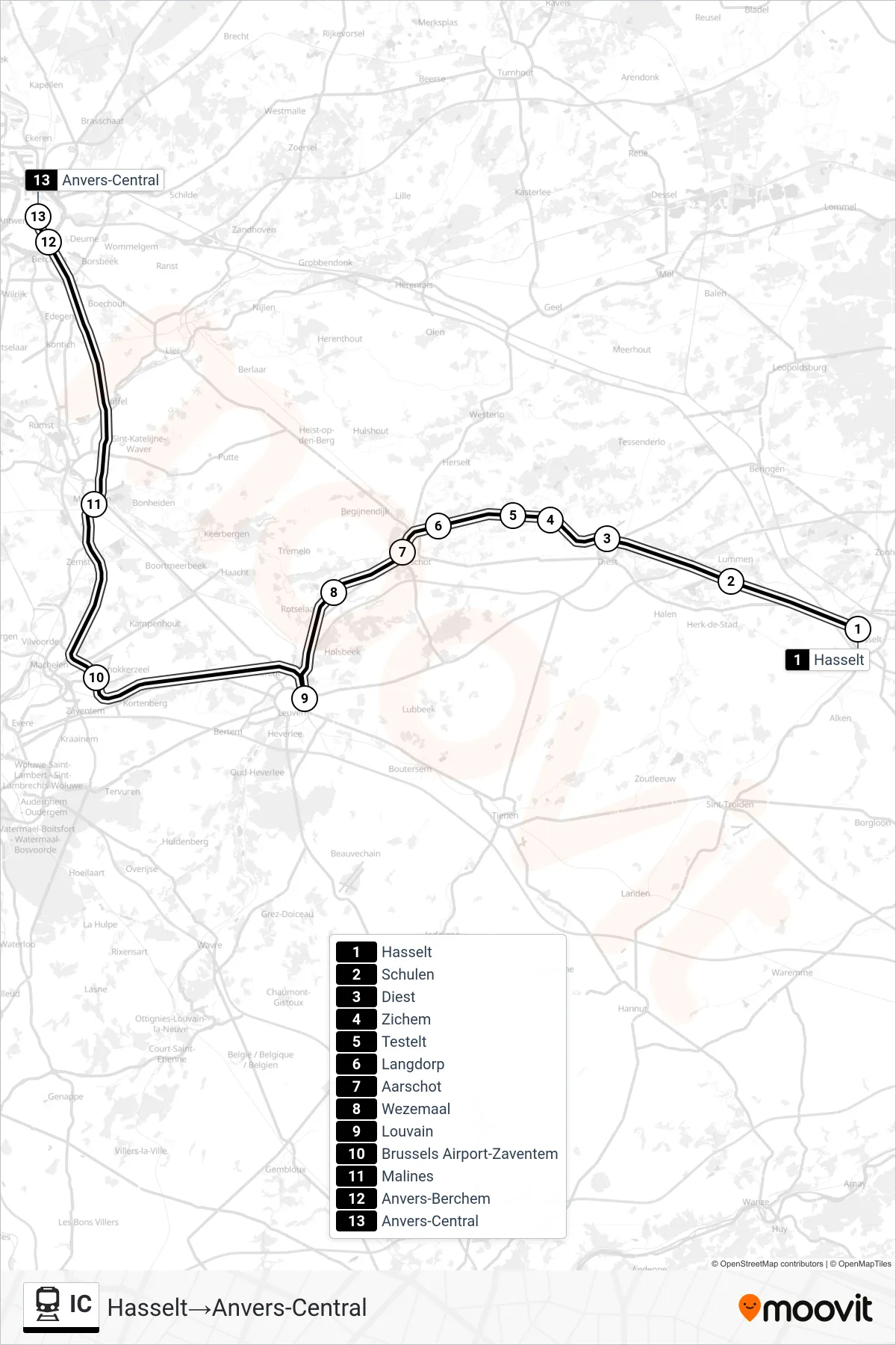 IC train Line (Hasselt→Antwerp Central) route and stops on a map
