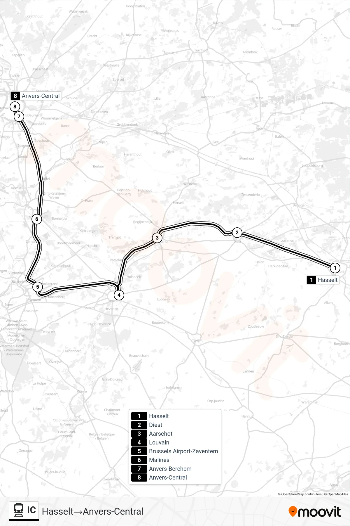 IC train Line (Hasselt→Antwerp Central) route and stops on a map