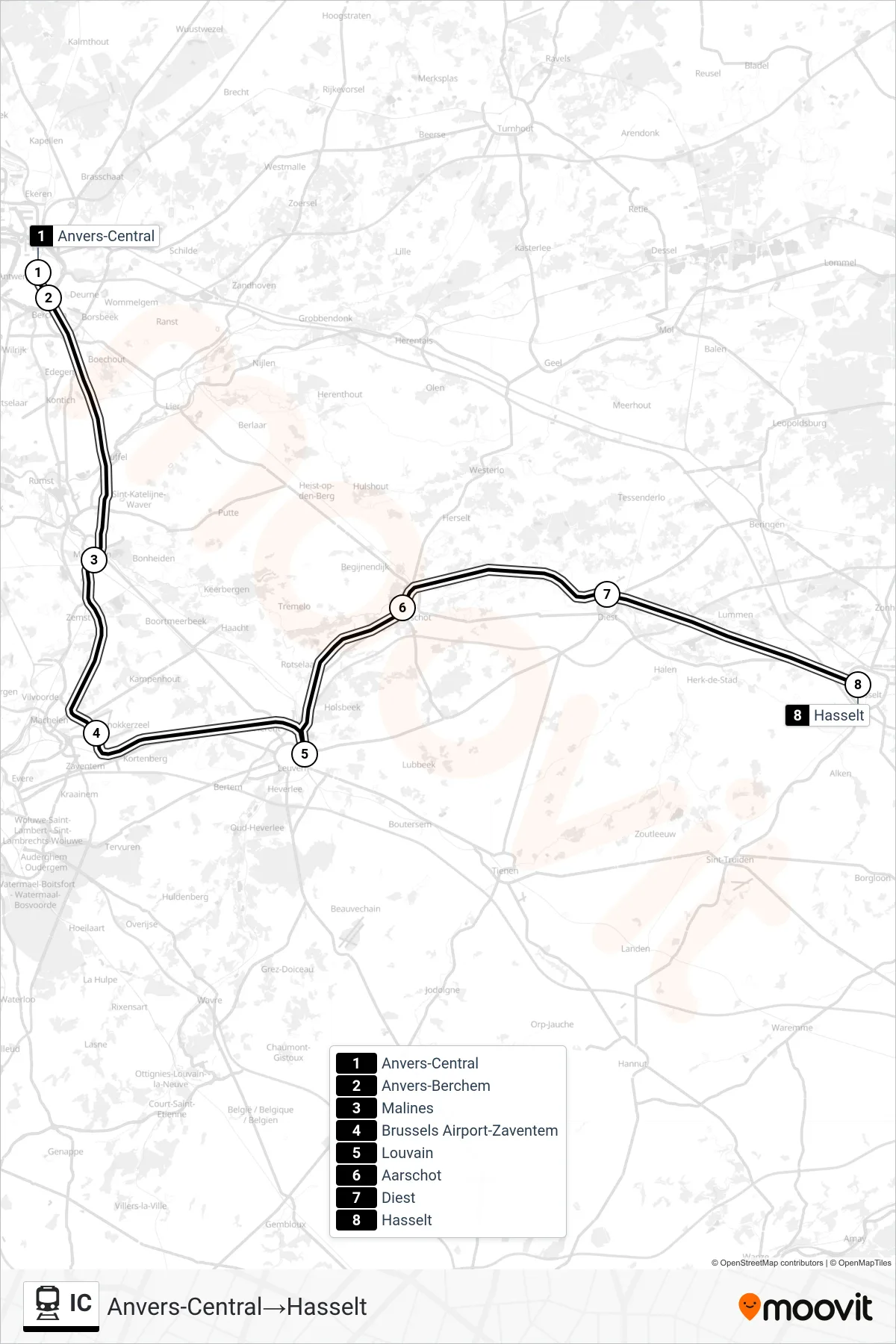 IC rail Line (Antwerp Central‎→Hasselt) route and stops on a map