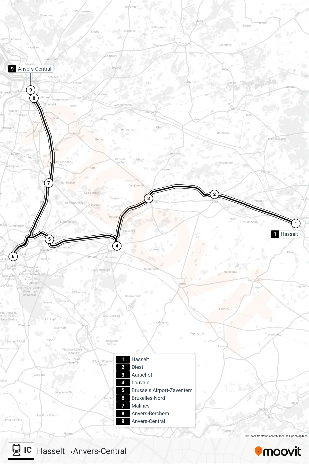 IC train Line (Hasselt→Antwerp Central) route and stops on a map
