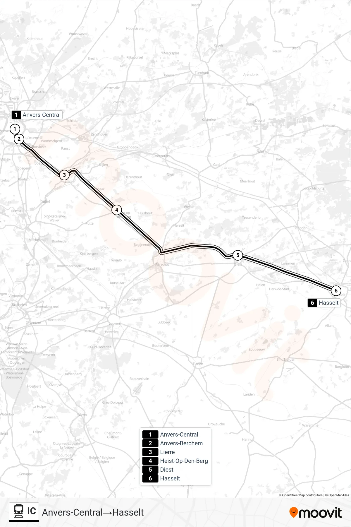 IC train Line (Antwerp Central→Hasselt) route and stops on a map