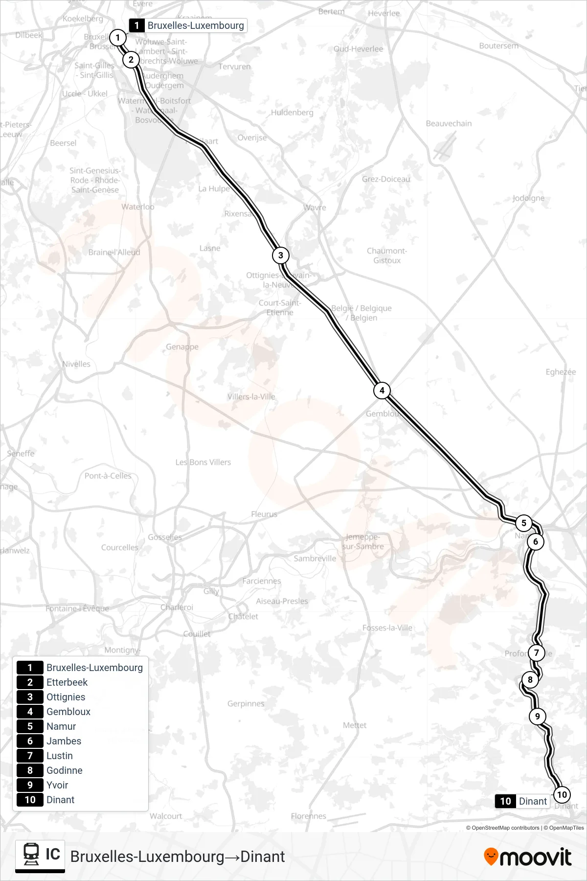 Lijn IC (trein, Bruxelles-Luxembourg→Dinant): route en haltes op de kaart