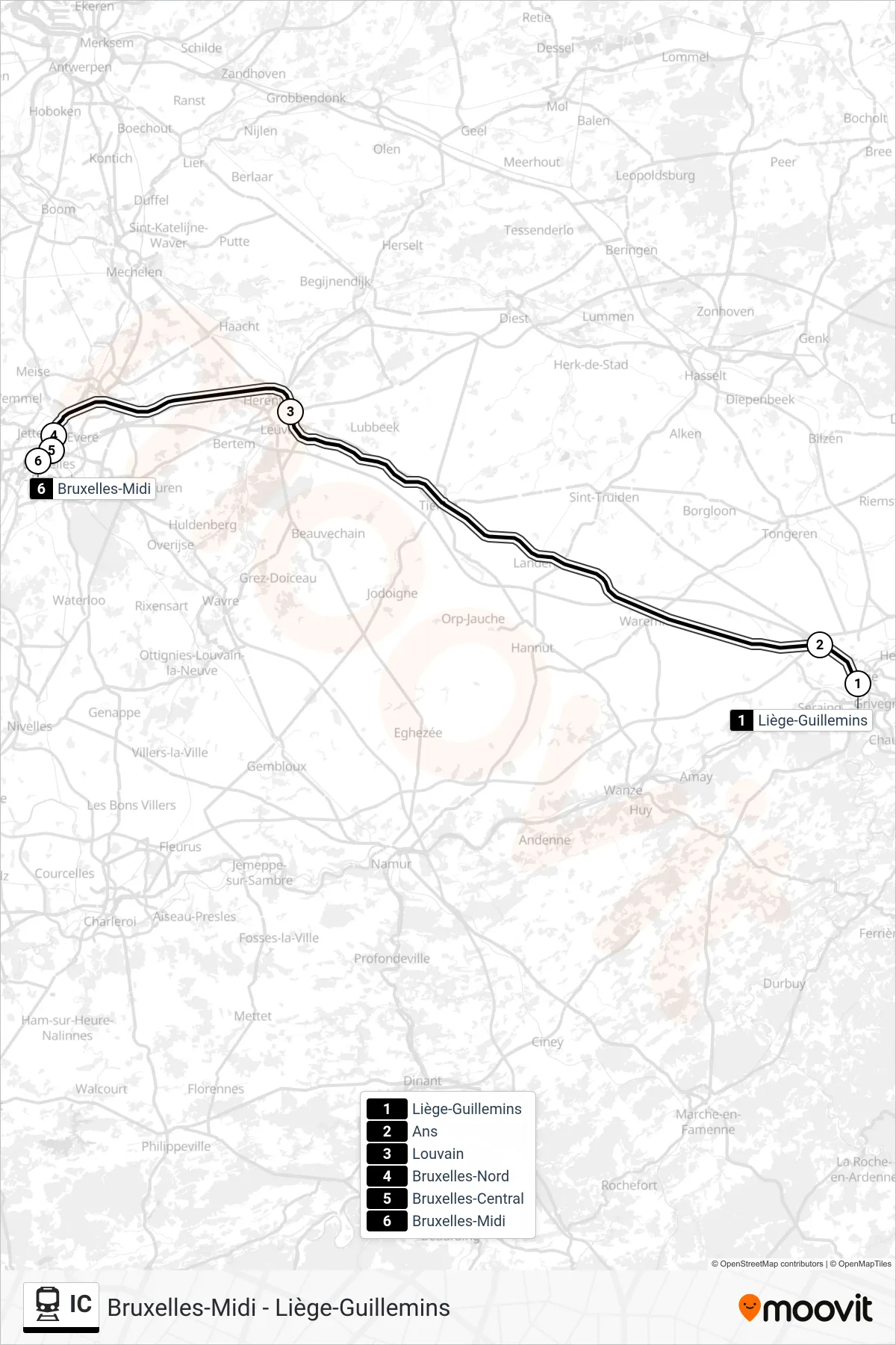 Lijn IC (trein, Liège-Guillemins→Bruxelles-Midi): route en haltes op de kaart
