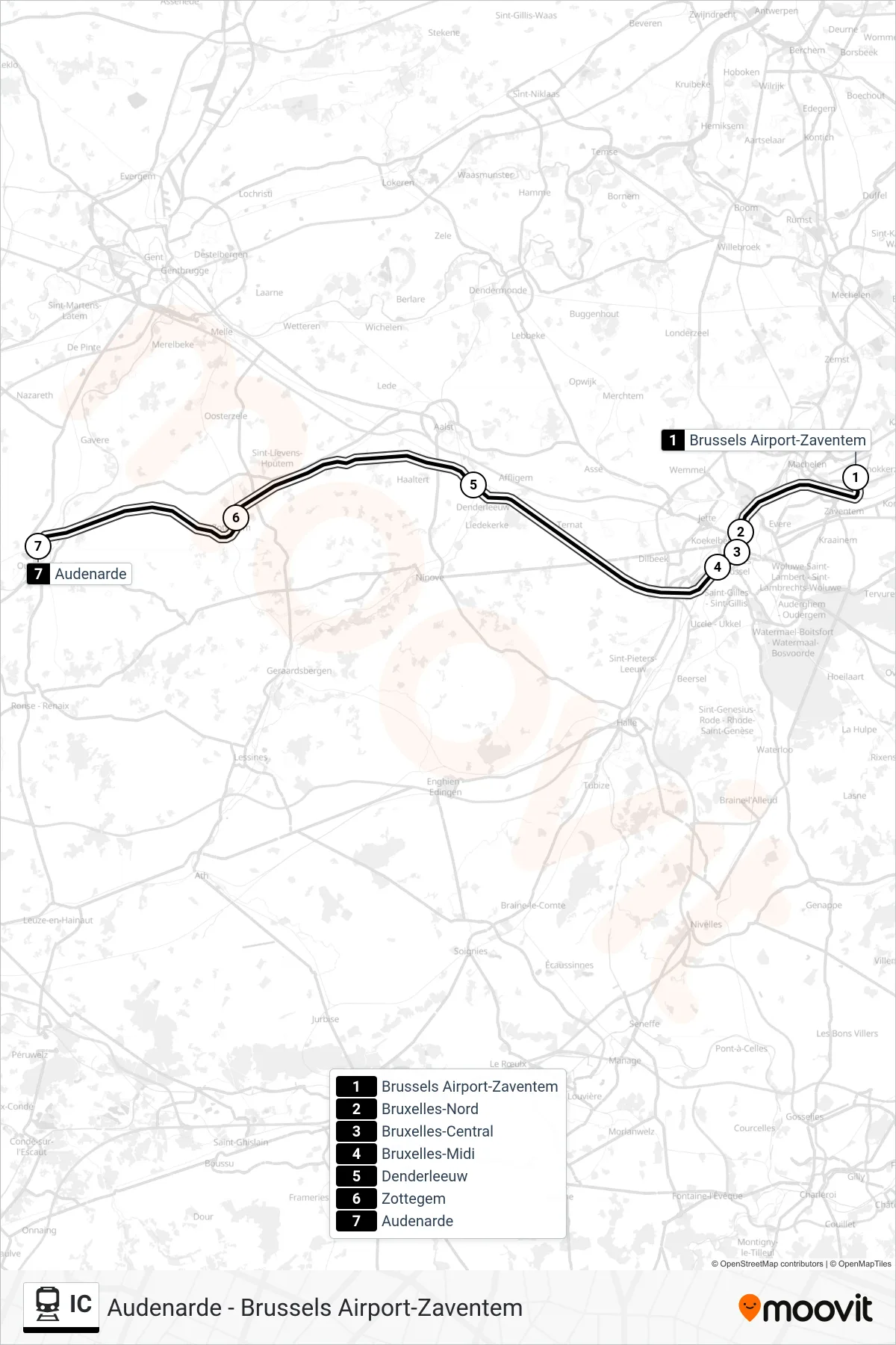 Lijn IC (trein, Brussels Airport-Zaventem→Audenarde): route en haltes op de kaart