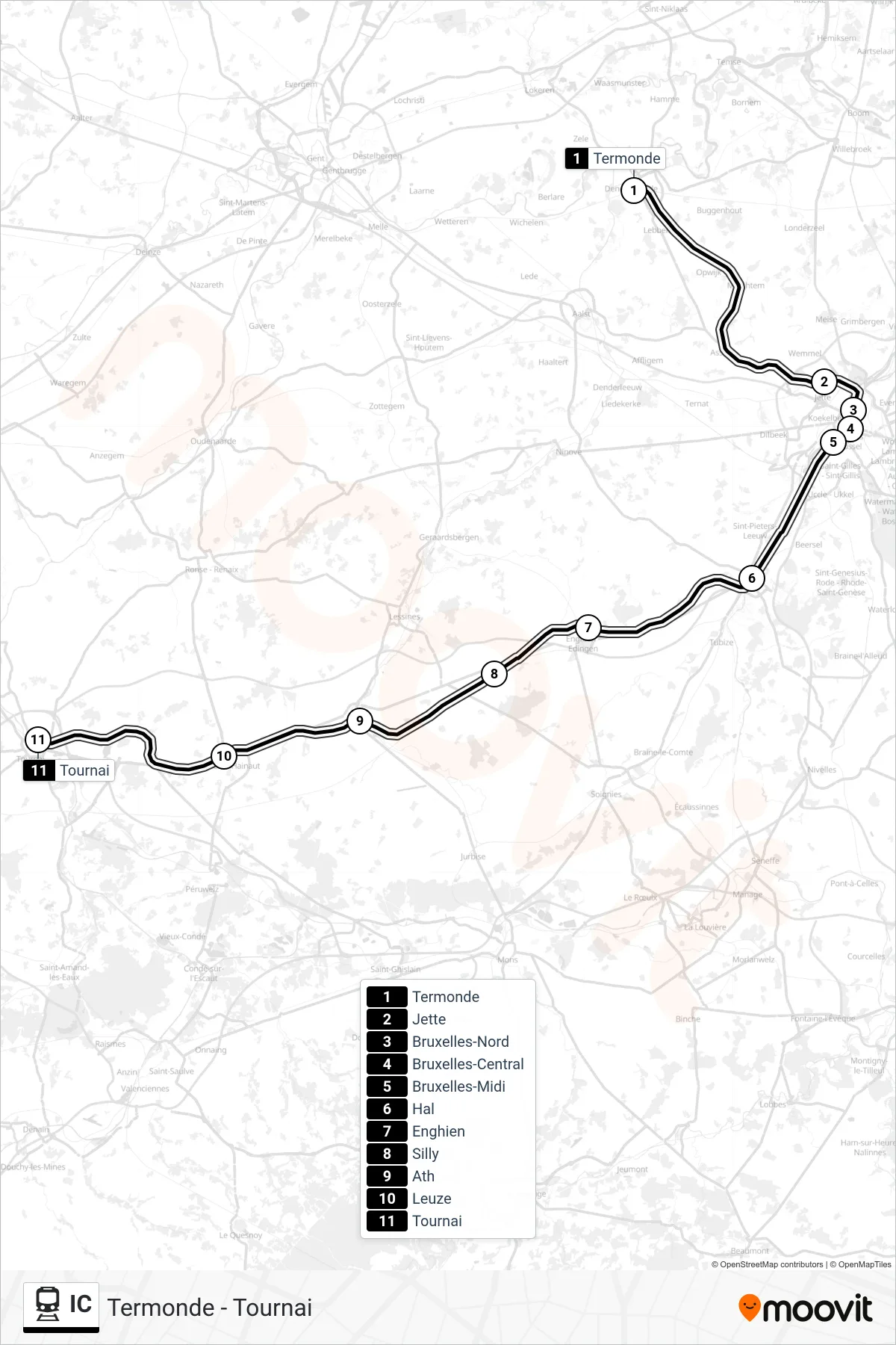 IC rail Line (Dendermonde‎→Tournai) route and stops on a map