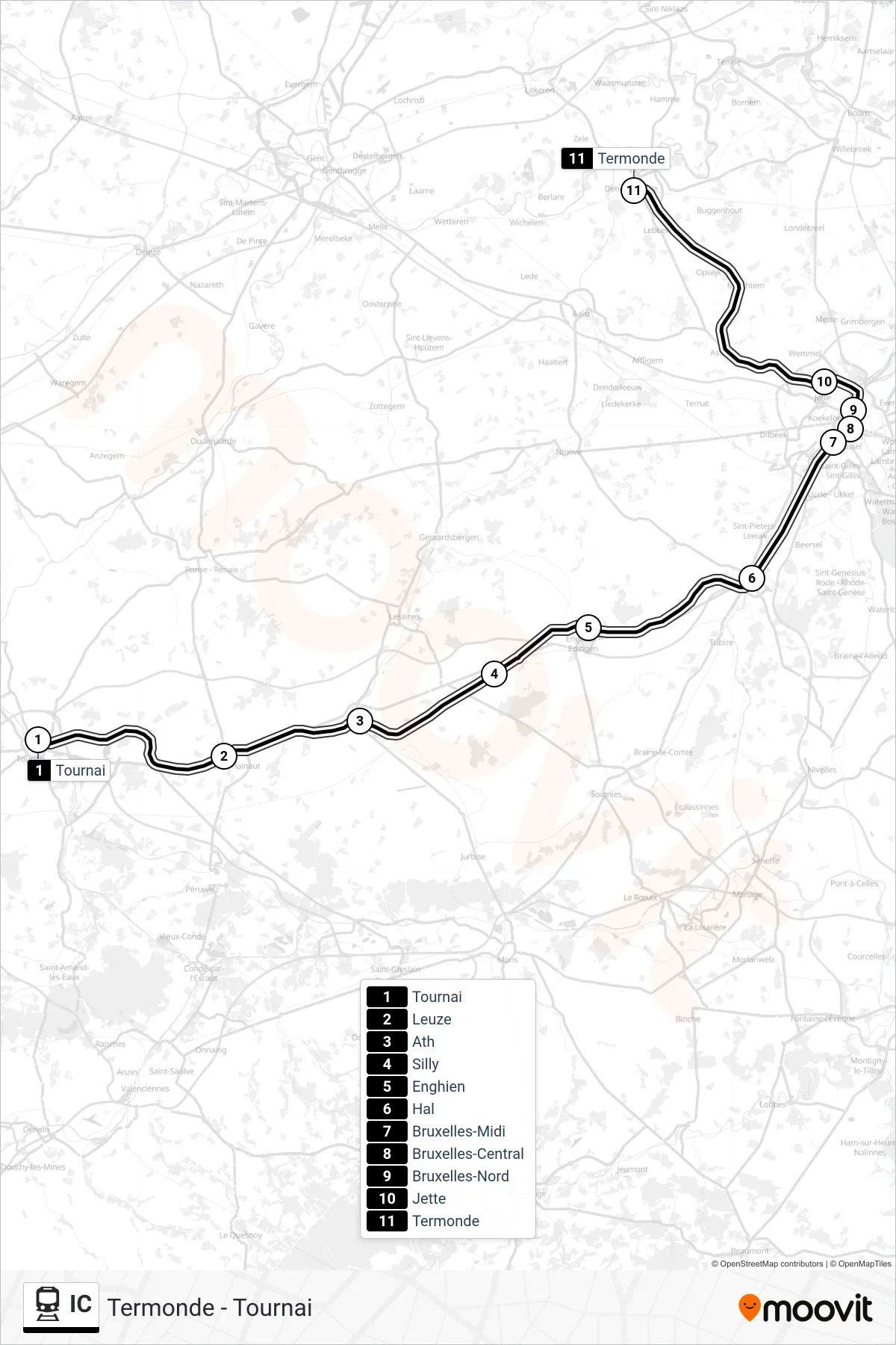 IC train Line (Tournai‎→Dendermonde) route and stops on a map